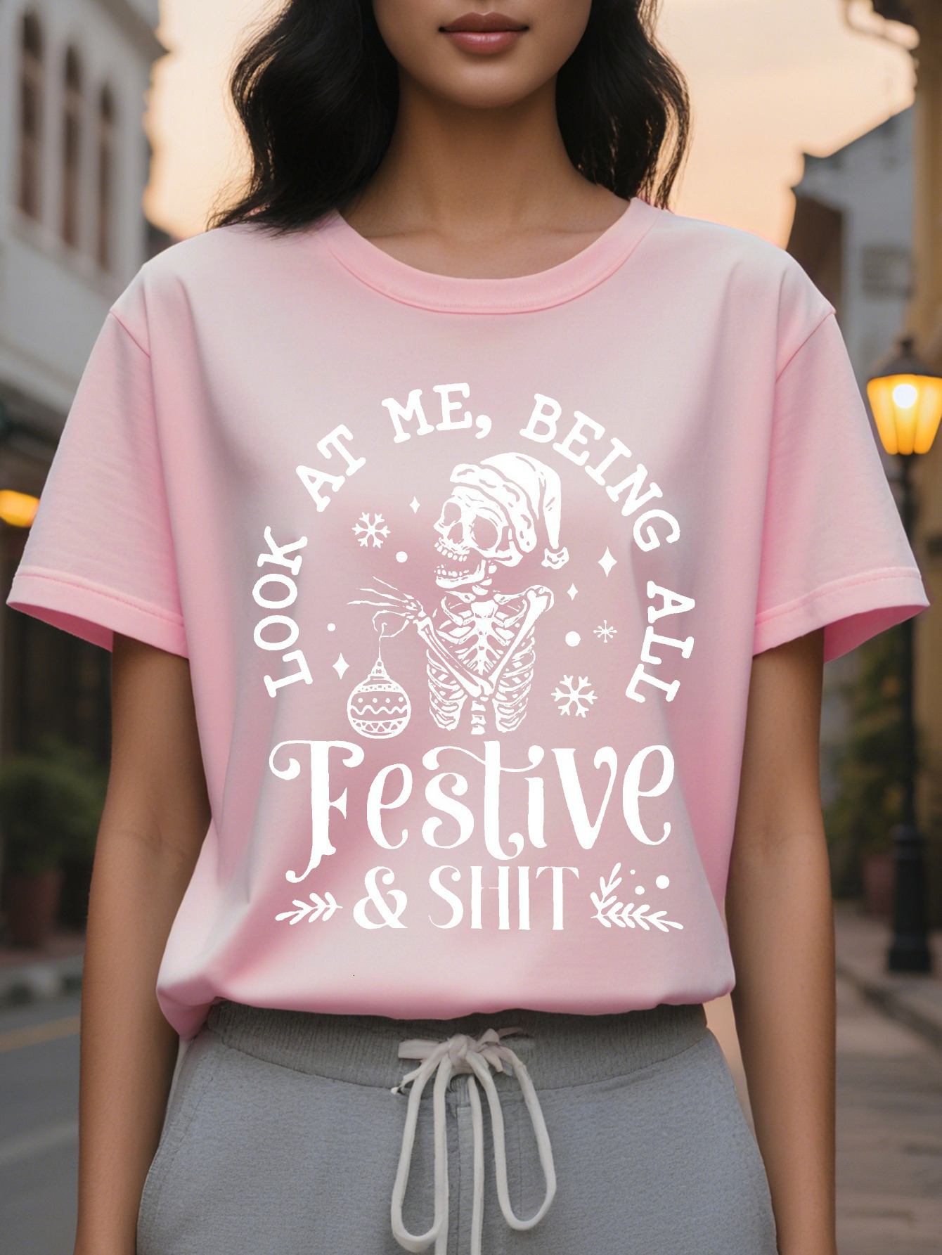 Women s Graphic T Shirt Look at Me Being All Shit Slogan with Skeleton Santa Vibrant Green Casual Round Neck