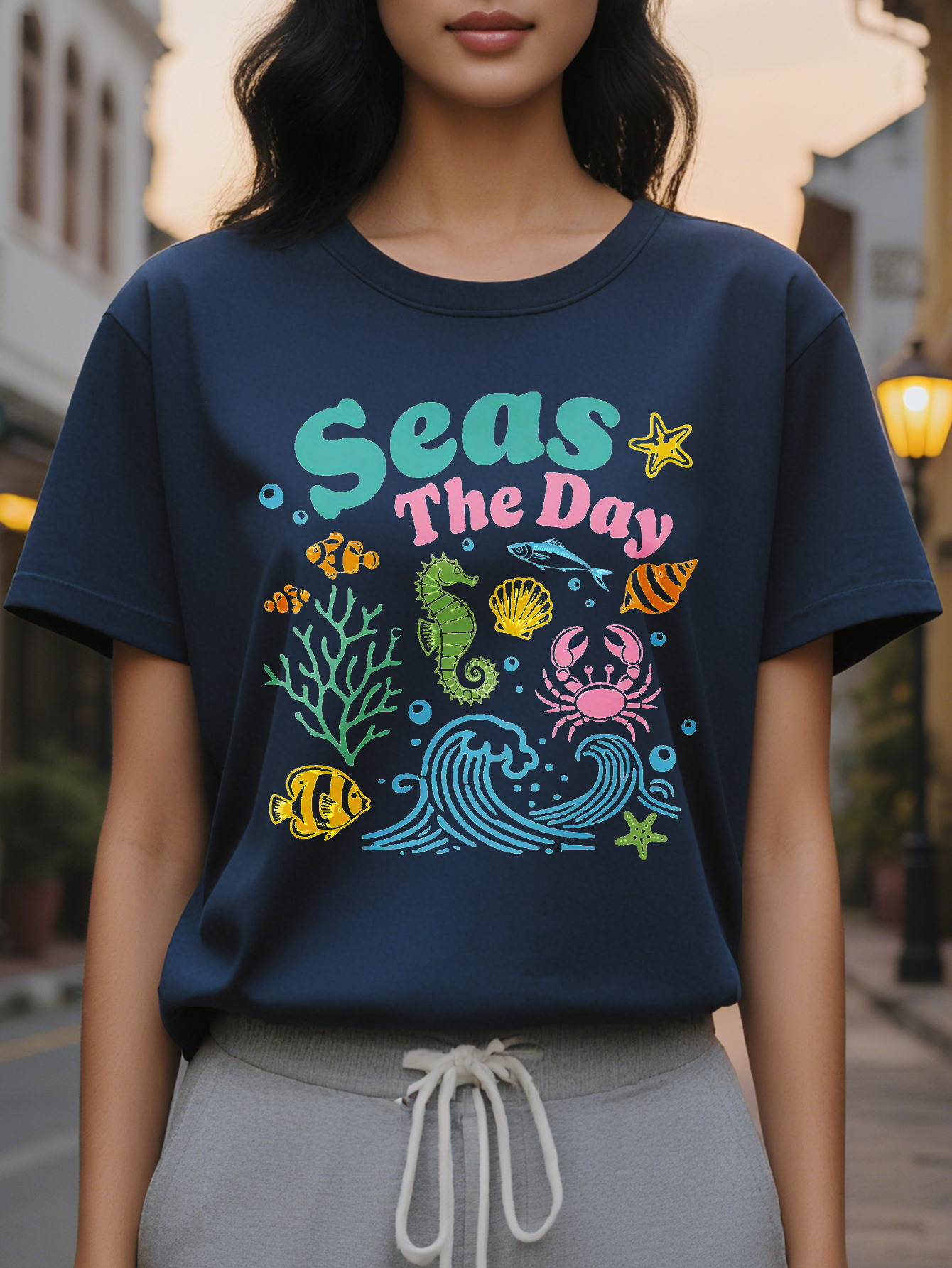 Women s White T-Shirt Ocean Life Pattern Short Sleeve Top Soft Elastic Round Neck Summer Daily Shirt Washable Beach