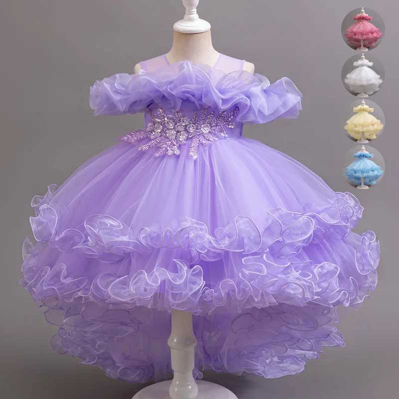 Purple Flower Bridesmaid Princess Dress For Girls Children Costumes Trailing Party Dresses Girls Dress Beaded Wedding Gown Z250904