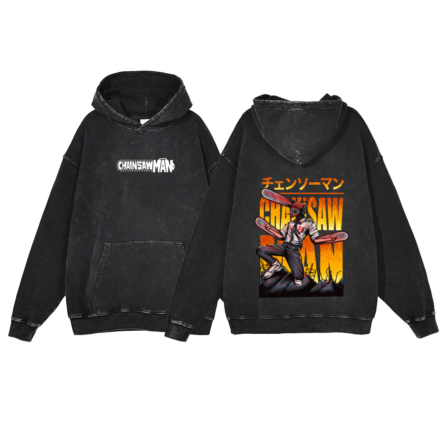 440g Heavyweight Washed Vintage Chainsaw Man Cartoon Anime Street Retro Cotton Hoodie Streetwear Hoodie - VT1558
