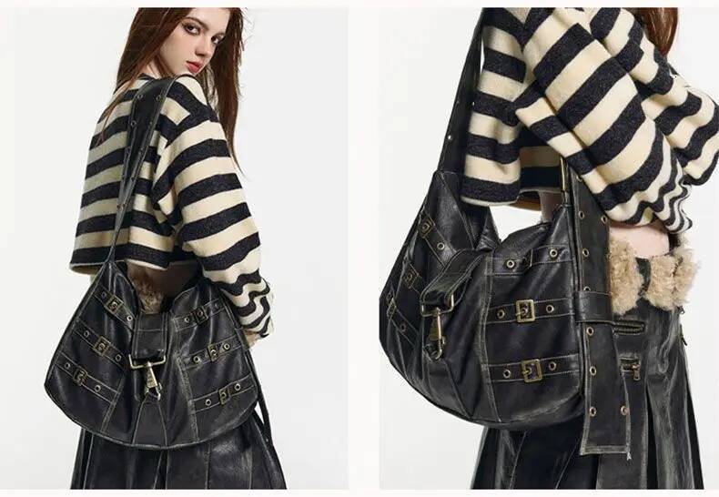 JIAERDI Vintage Rivet Black Handbag Women Y2k Grunge Leather Chic Large Capacity Tote Female Retro Casual Shoulder Bag Bolso