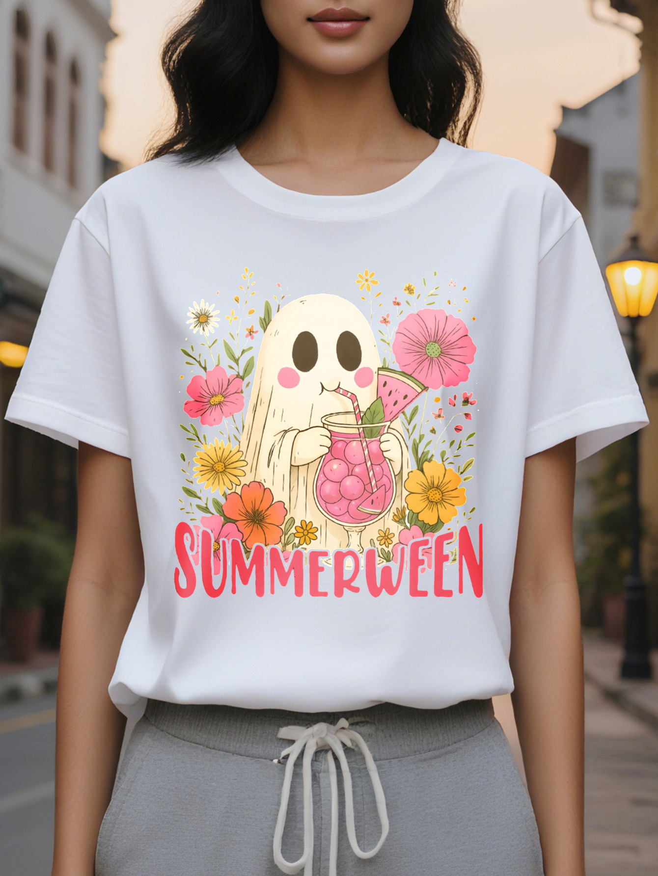 Large XL Women's Halloween Summerween Graphic T-Shirt Cute Floral Print Short Sleeve Round Neck Casual Tee Pink Black Summer Plus Size