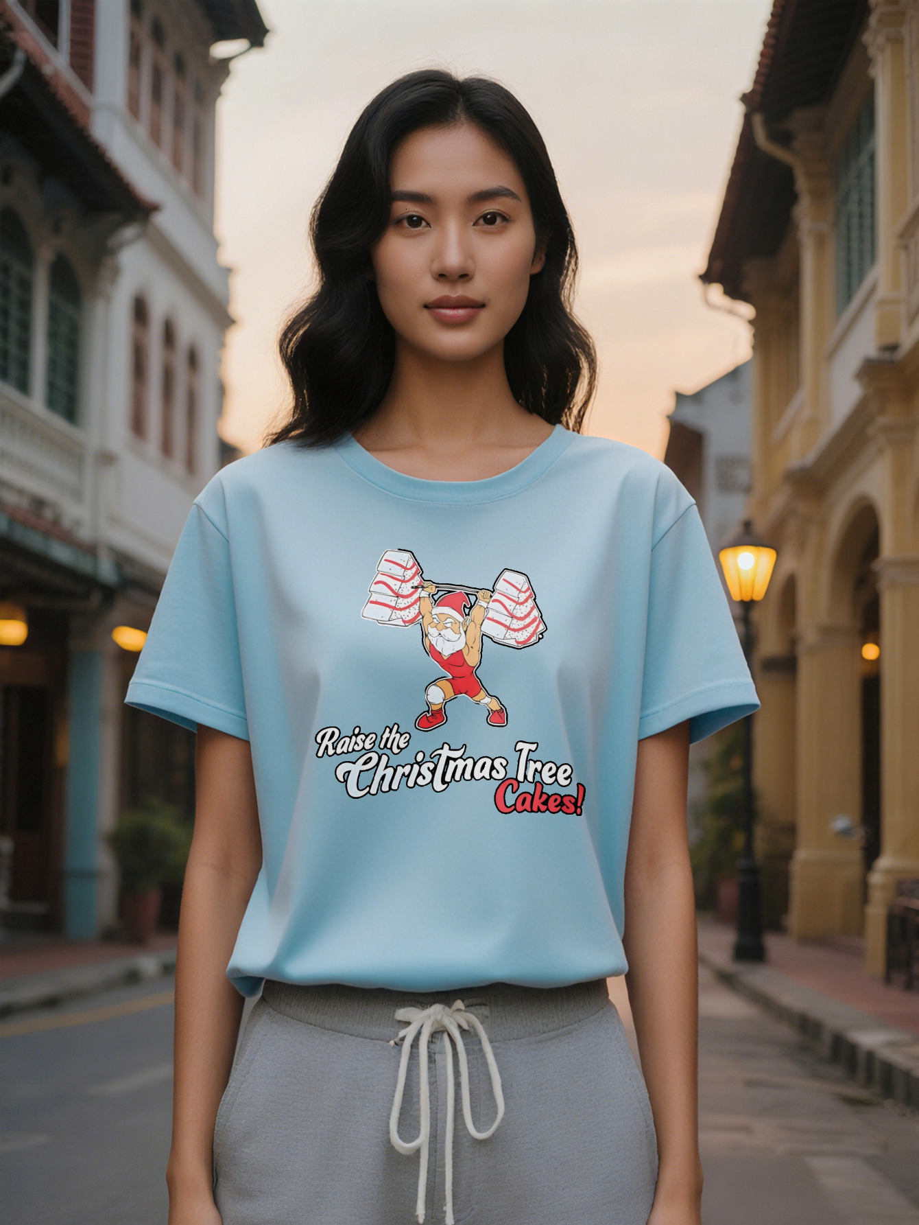 Large XL Casual Santa Claus Graphic T-Shirt Black Humor Design with Raise the Christmas Tree Slogan Lightweight Summer Round Plus Size