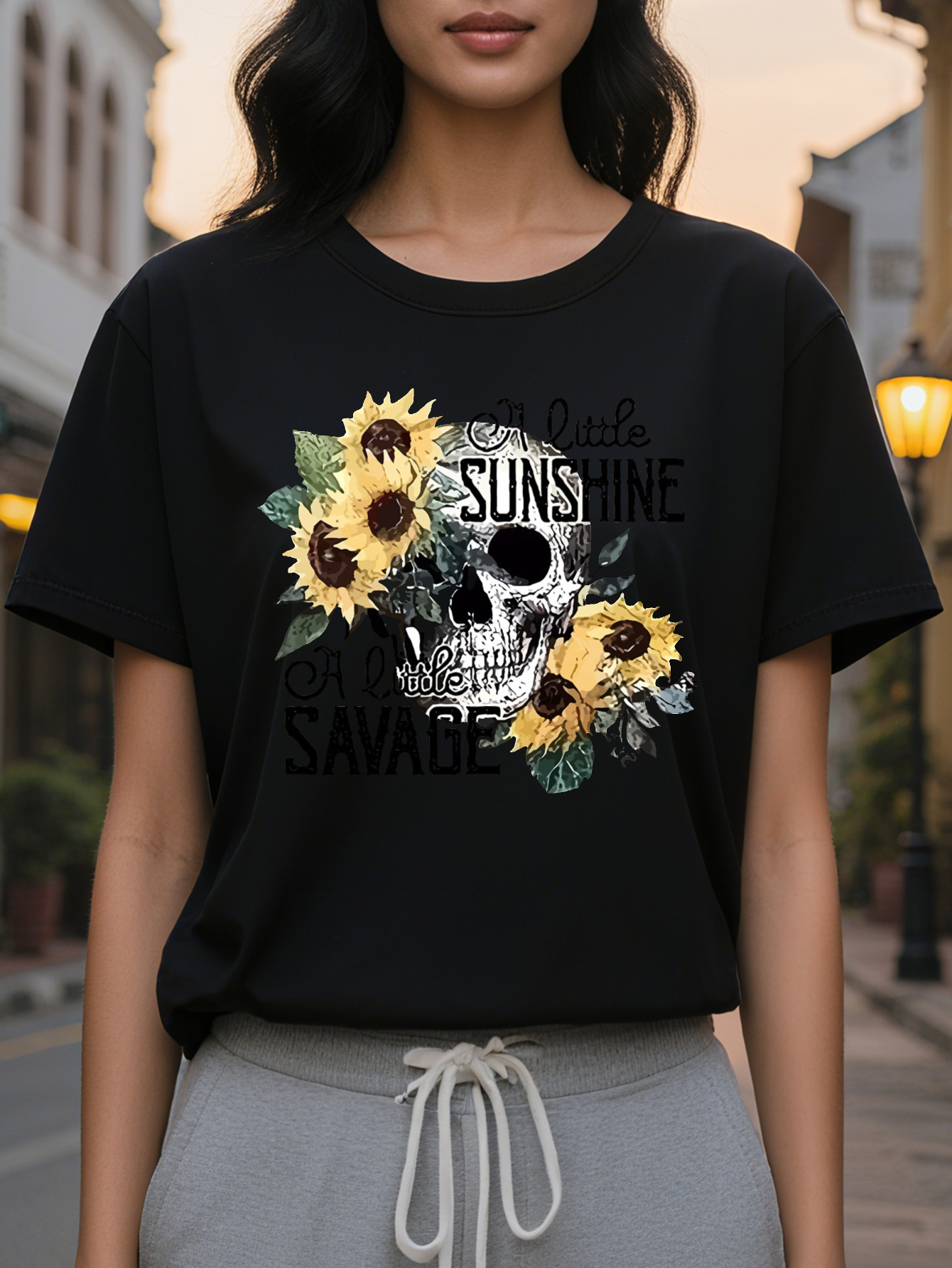 Women s Gothic Bohemian Style White T Shirt With Black Printing Plus Size Crew Neck Short Sleeve