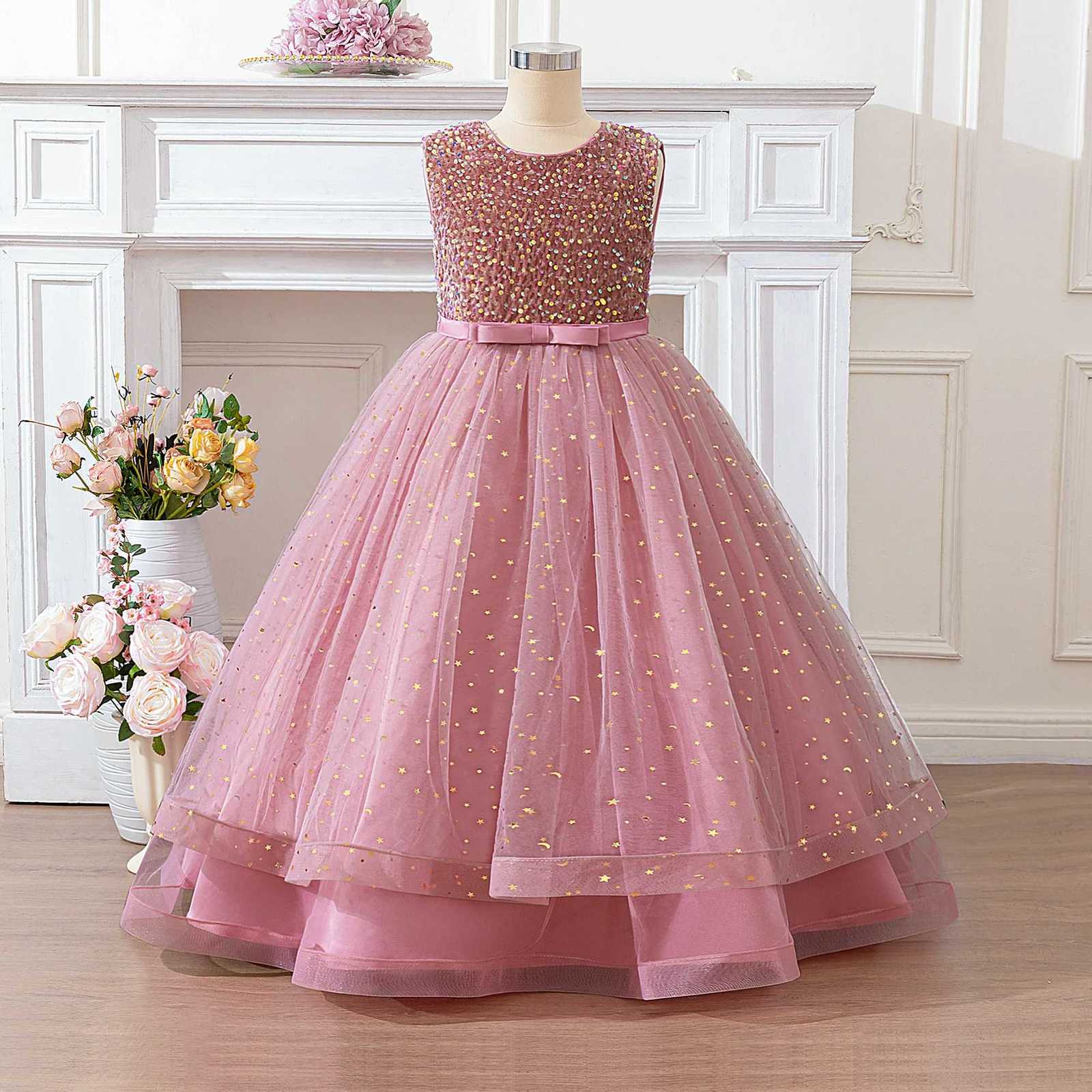 Elegant Bow Sequin Bridesmaid Party Girls Dress Fashion Tulle Wedding Baptism Princess Prom Dress for Girl Birthday Evening Gown Z250904