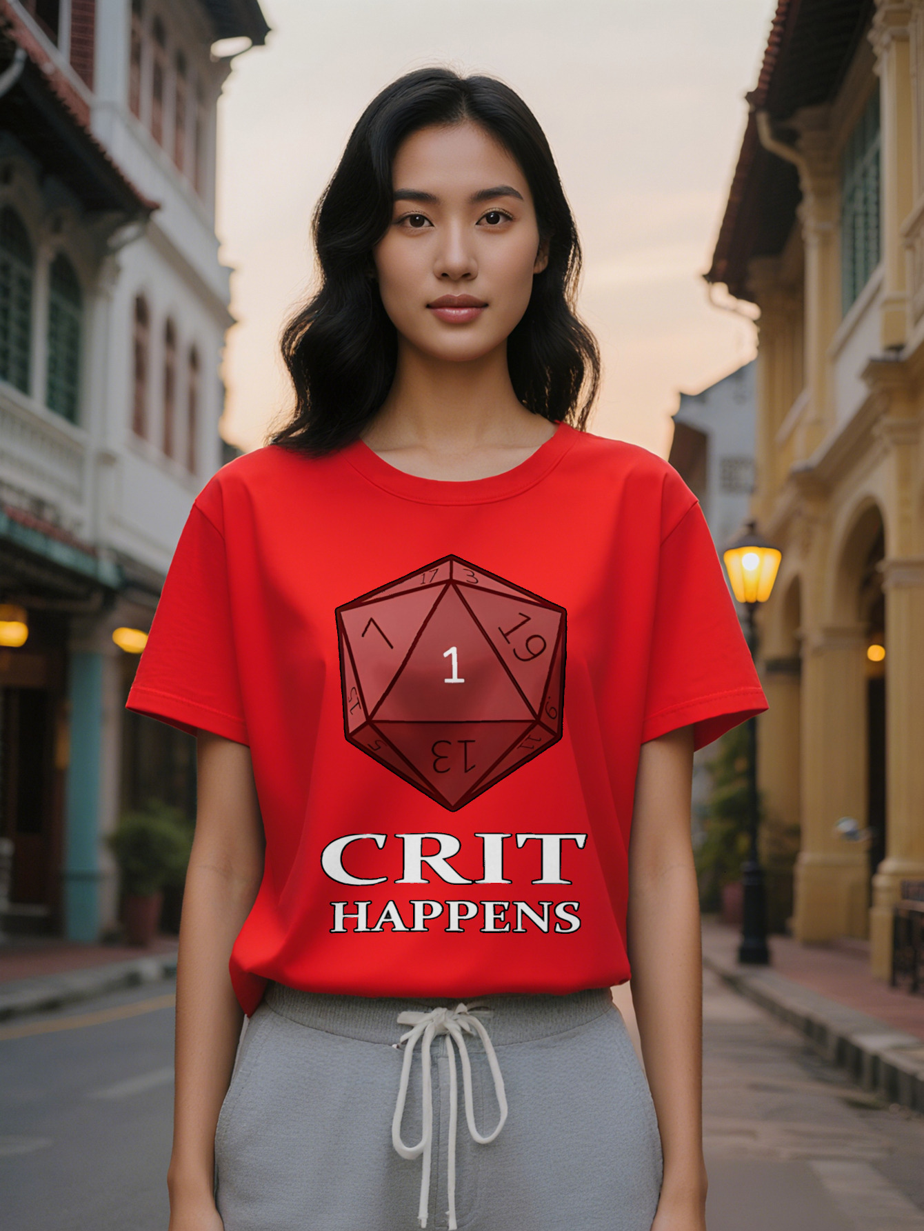 Large XL Lady Crew Neck T-Shirt Sided Die Graphic Crit Happens Design Black with Red Dice Print Perfect for Gamers and Plus Size