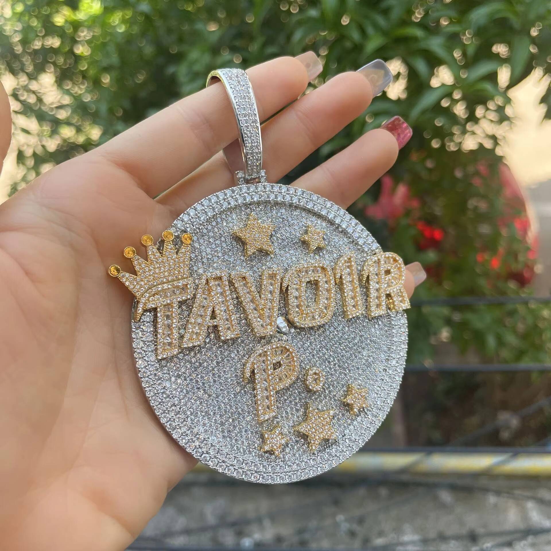 Large Disc Inlaid Alphabet Ice Crystal Star Necklace for Men