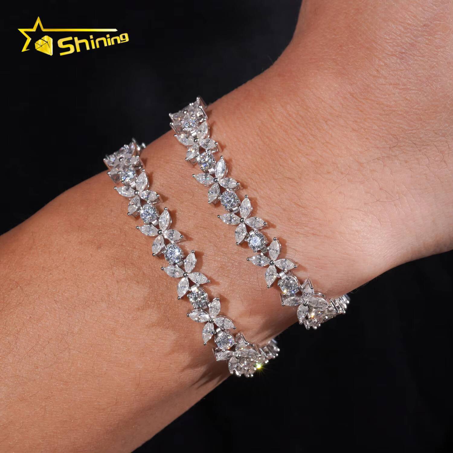 New Trendy Men Women Iced Out Diamond Clover Bracelet Moissanite Fine Jewelry 925 Sterling Silver Moissanite Tennis Bracelet