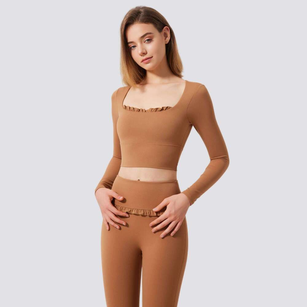 2Pcs Yoga Set Women Lotus Gym Fiess Padded Long Sleeve Sports Crop Top High Waist Flared Leggings With Ruffles Workout Clothes