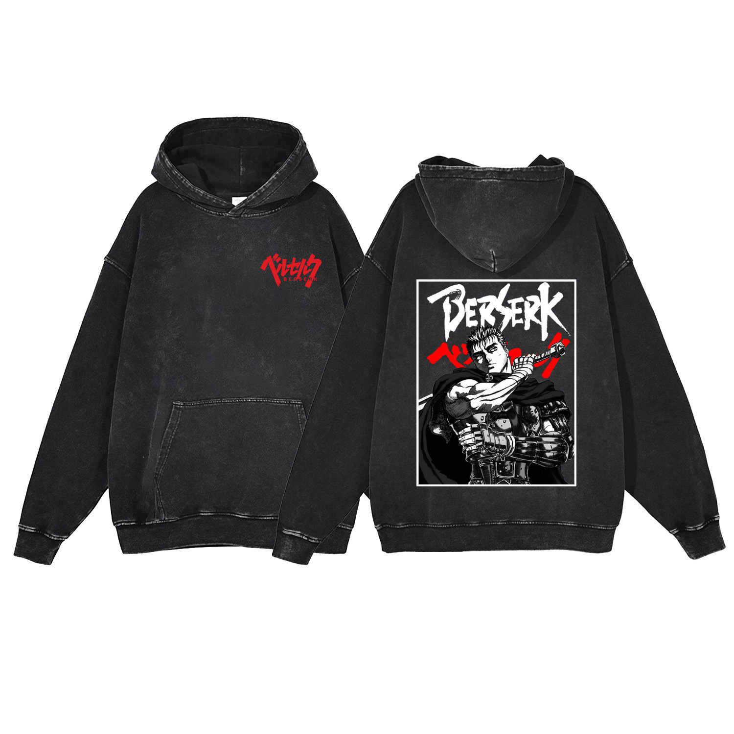 440g Heavyweight Washed Vintage Berserk Anime Street Retro Cotton Hoodie Streetwear Hooded Sweatshirt - TT8304