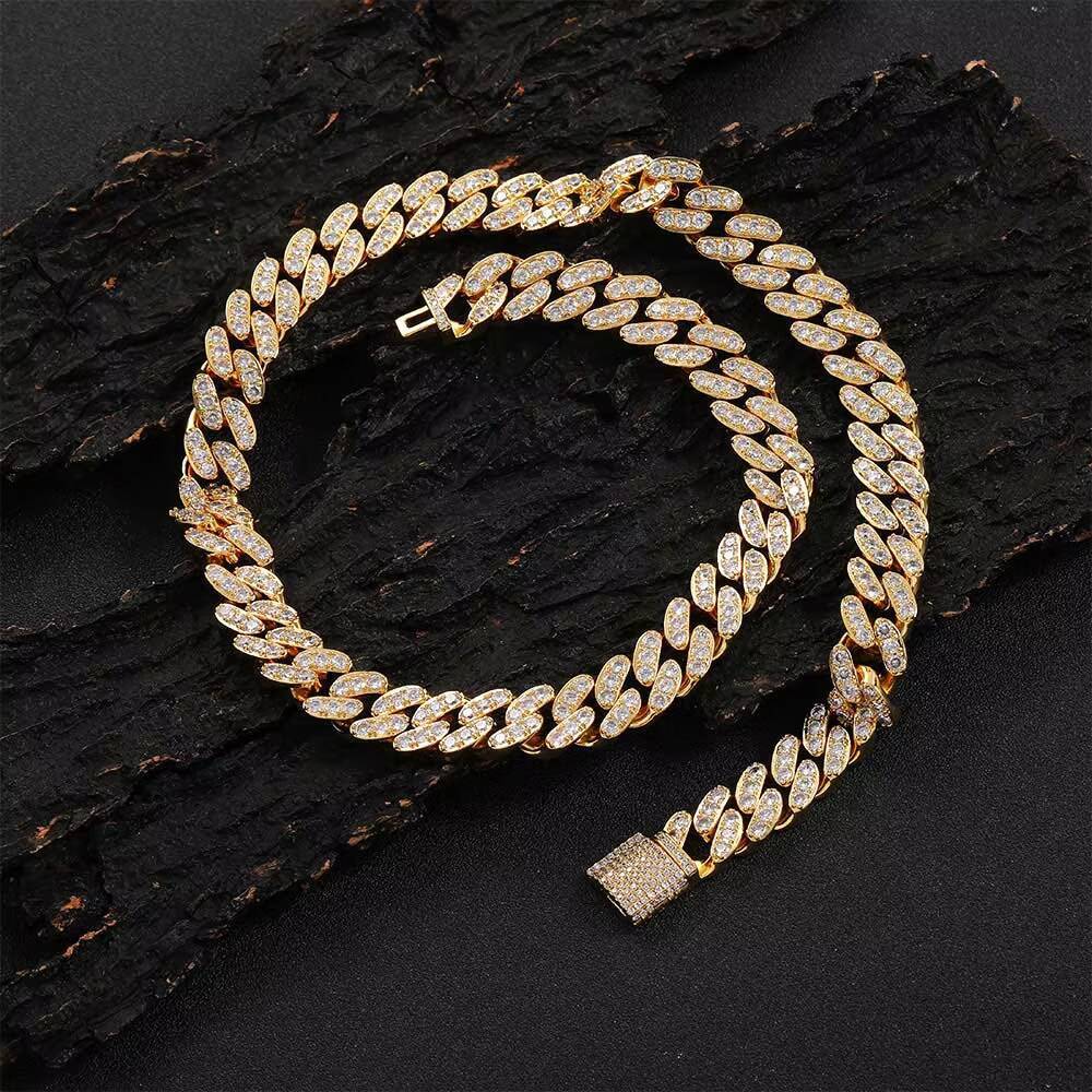 NUOYA 12mm Silver Cuban Link Chain for Women Micro Pave Bling Single Row Moissanite Cuban Link Chain Hip Hop Necklace Jewelry Gift