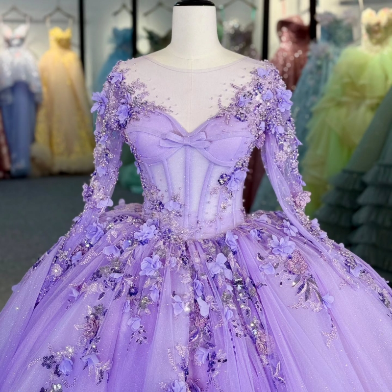 Light Lilac Shiny Princess Off the Shoulder Sweet 16 Dress Quinceanera Dresses Applique Flower Beads Tull Party Birthday Vestidos 15 Anos