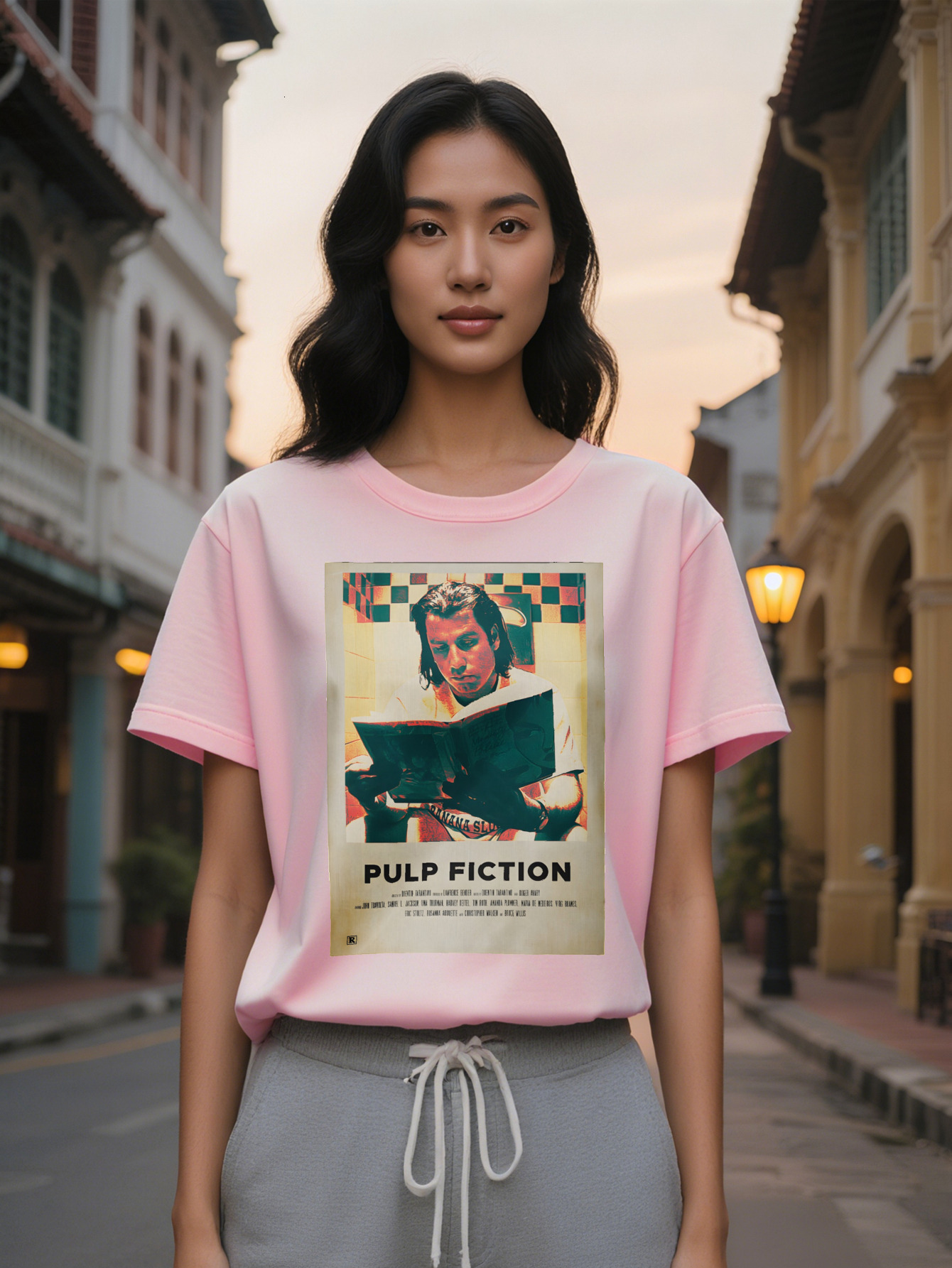Large XL Women's Casual Crew Neck T-Shirt Pulp Fiction White with Black Print Short Sleeve Regular Fit Summer Tee Perfect Gift Plus Size