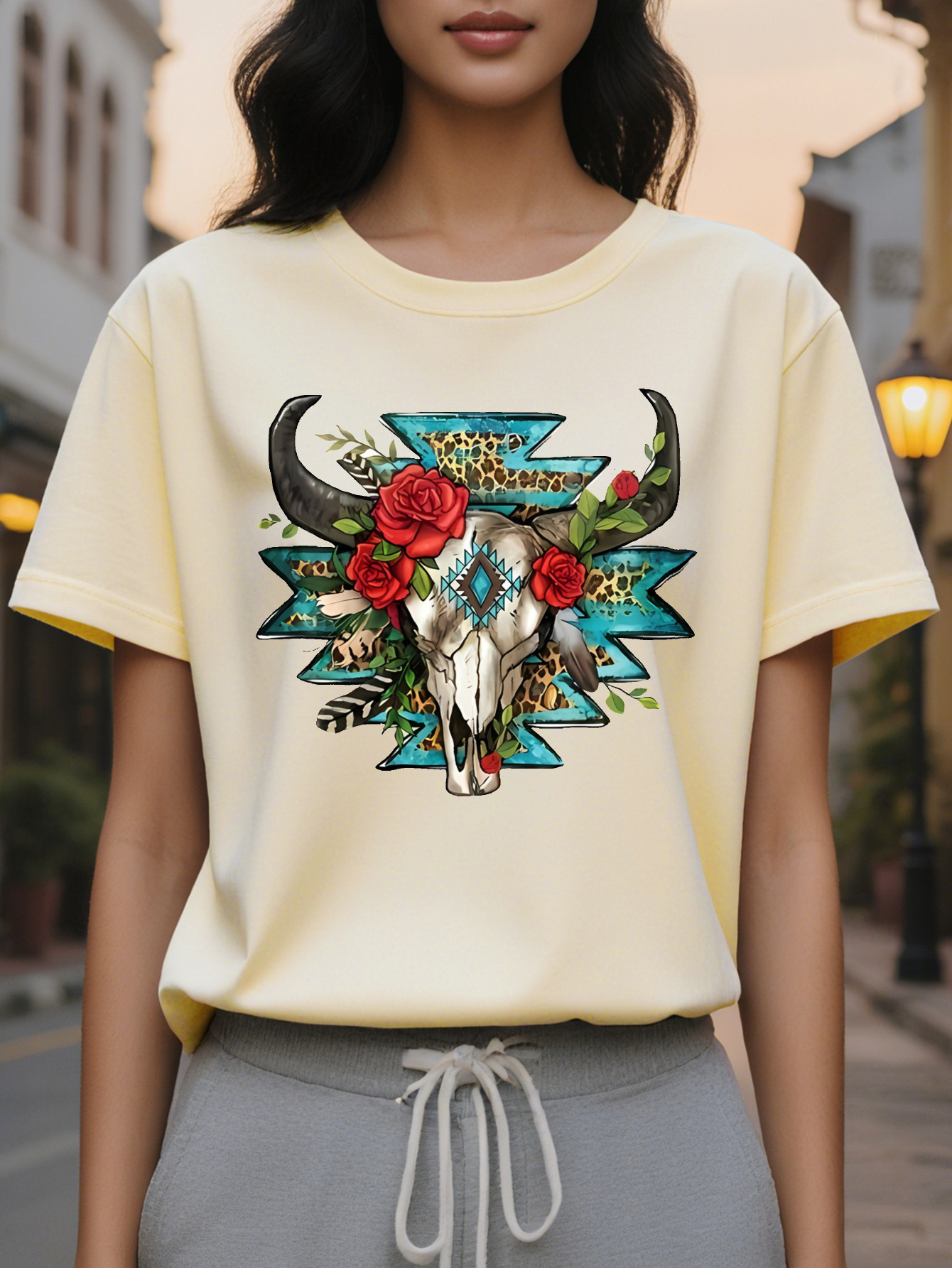 Women s Western Style Short Sleeve T Shirt Black Round Neck Casual Top Skull Rose and Feather Design, washable