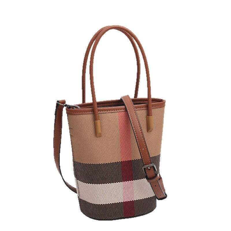 Fashion Women's Textured Stylish Free shipping designer Genuine Leather Canvas Plaid Handbag Bucket Mother Single Shoulder Crossbody Bag Light Lu