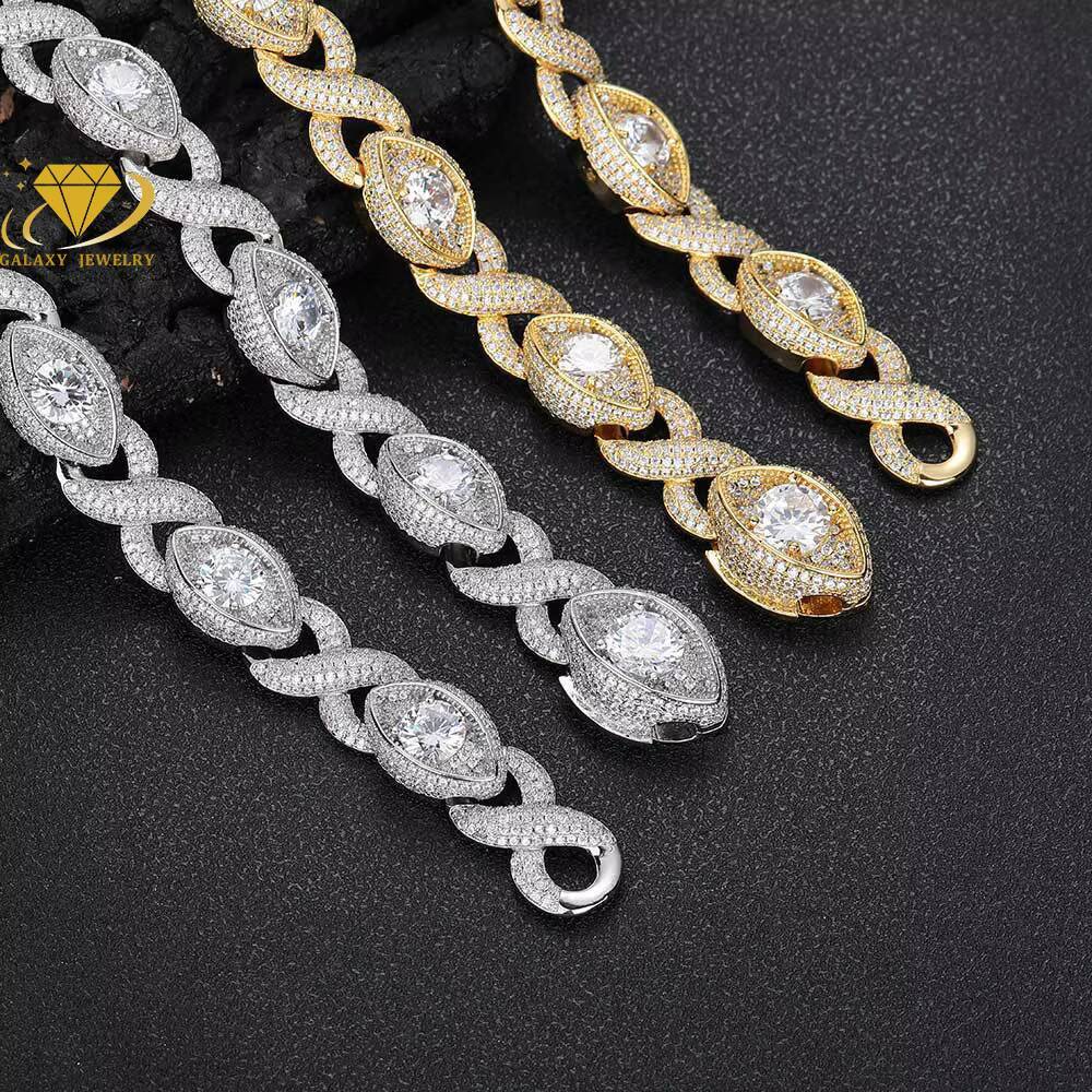 Best Selling 925 Silver Bracelet Moissanite Diamond 15mm Iced Out 8 Infinity Eye Cuban Link Chain Necklace Hip Hop Jewelry