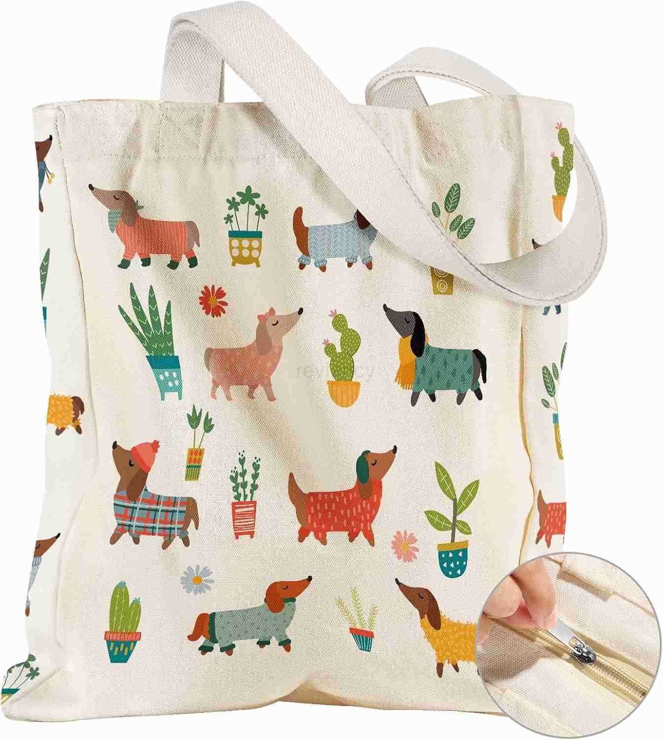 Large Canvas Tote Bag for Women with Zipper and Inner Pocket Aesthetic Cute Shoulder Bag for Shopping DailyW250904