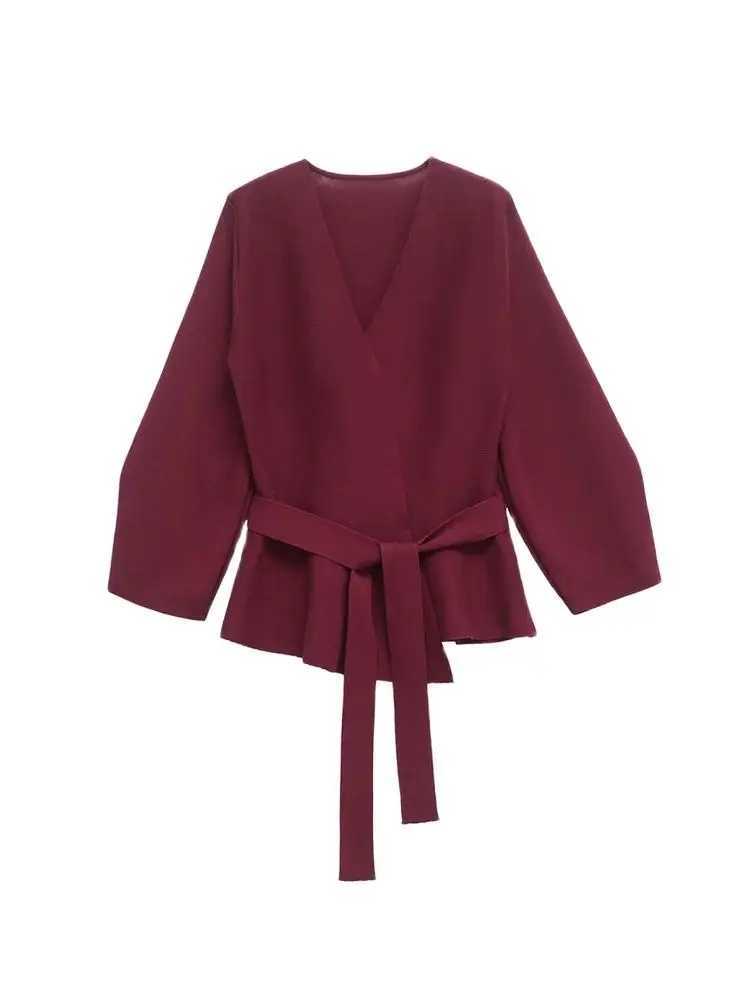 TRZA Womens Belted Knit Cardigan Sweater VNeck Long Sleeve Fashion Outerwear with Shoulder Pads Chic Top for Ladies M250904