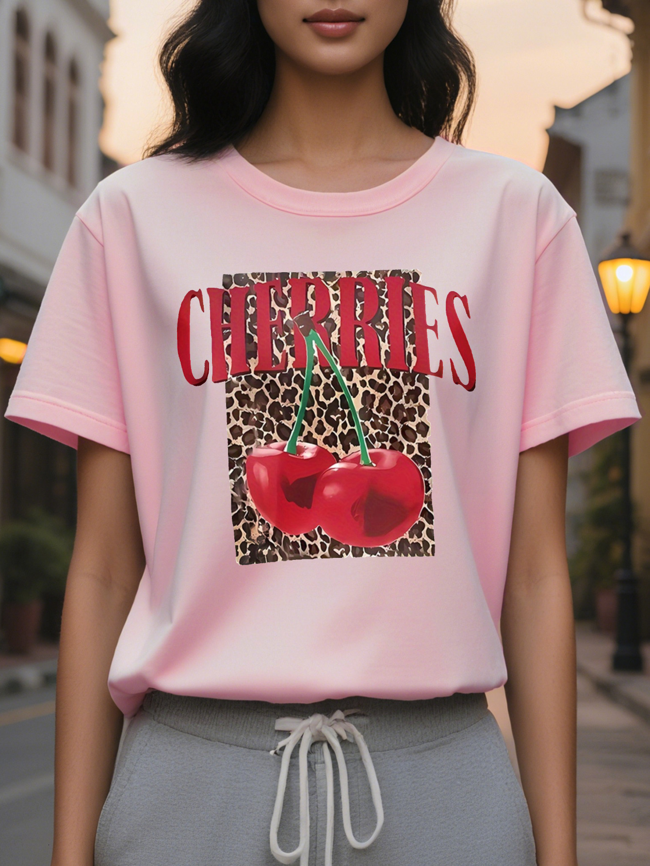 CHERRIES American Style Printed Pattern Fashion Round Neck Short Sleeve T-shirt Spring and Summer New Slim Fit Slimming