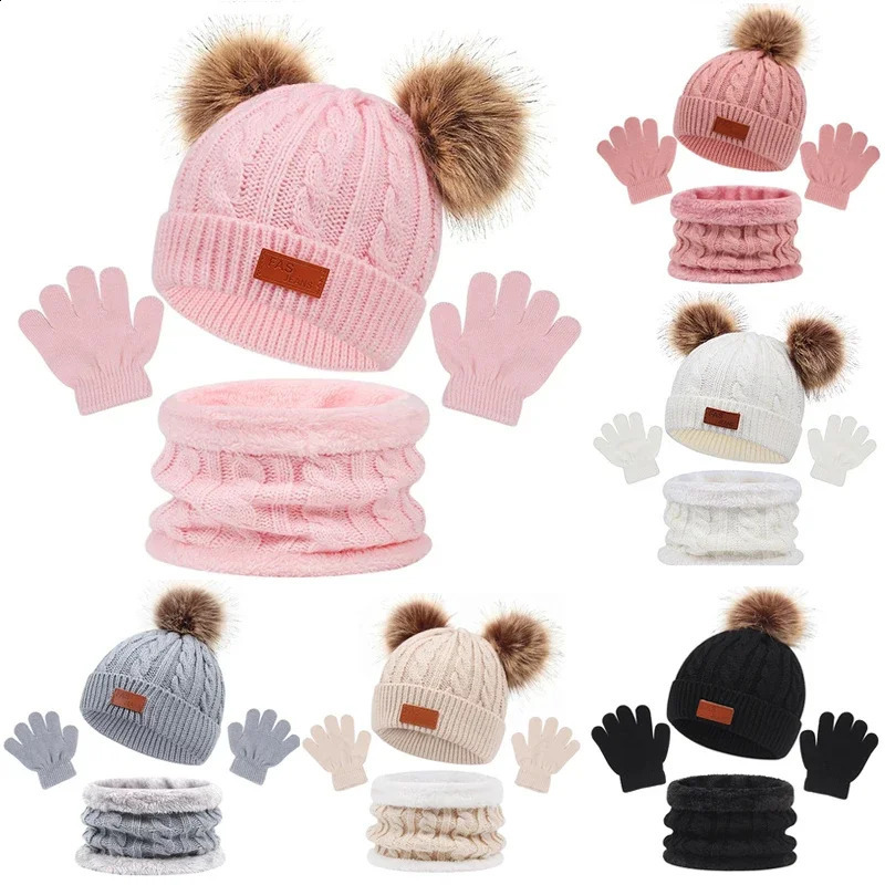 Baby Winter Hat Scarf Gloves Set Knitted Fur Ball Kids Beanie Cap for Girls Boys Accessories Infant Bonnet Toddler 15Y 250904