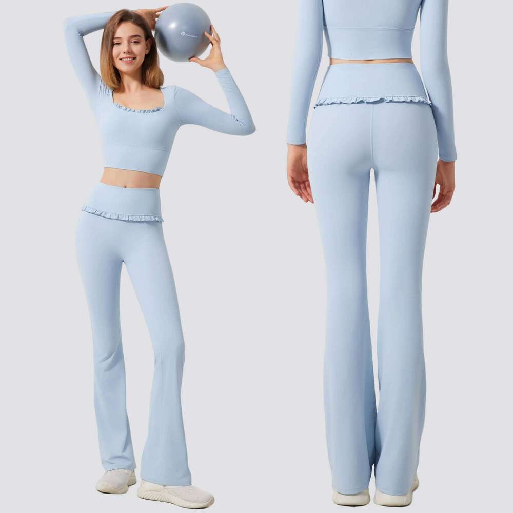 2Pcs Yoga Set Women Lotus Gym Fiess Padded Long Sleeve Sports Crop Top High Waist Flared Leggings With Ruffles Workout Clothes