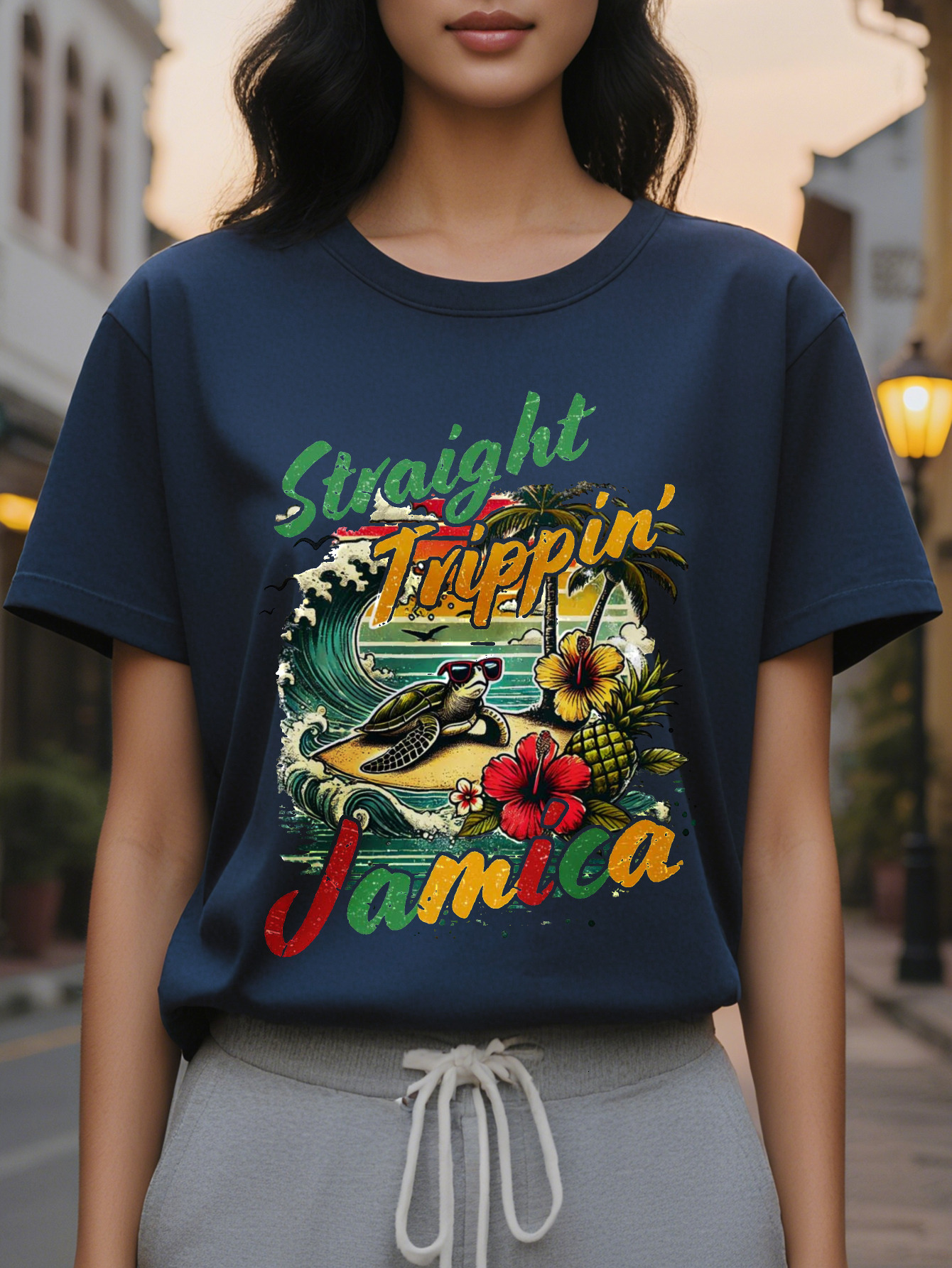 Women's elegant cuffs T-shirt, white tropical print with Straight Outta Taino Jamaica palm tree and wave design