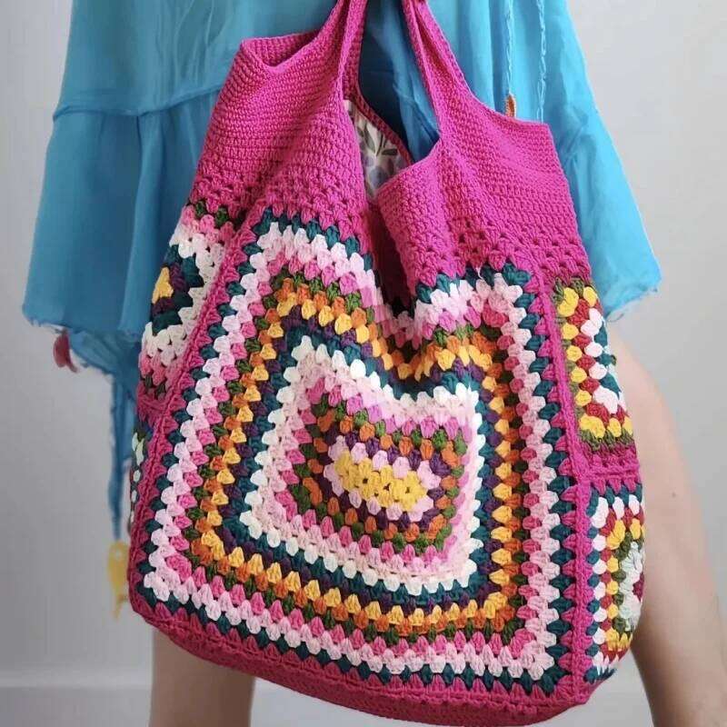 Tejiendo a mano hombro gran capacidad bolsas compras para mujeres con patrones abuela, bolsos de playa simple