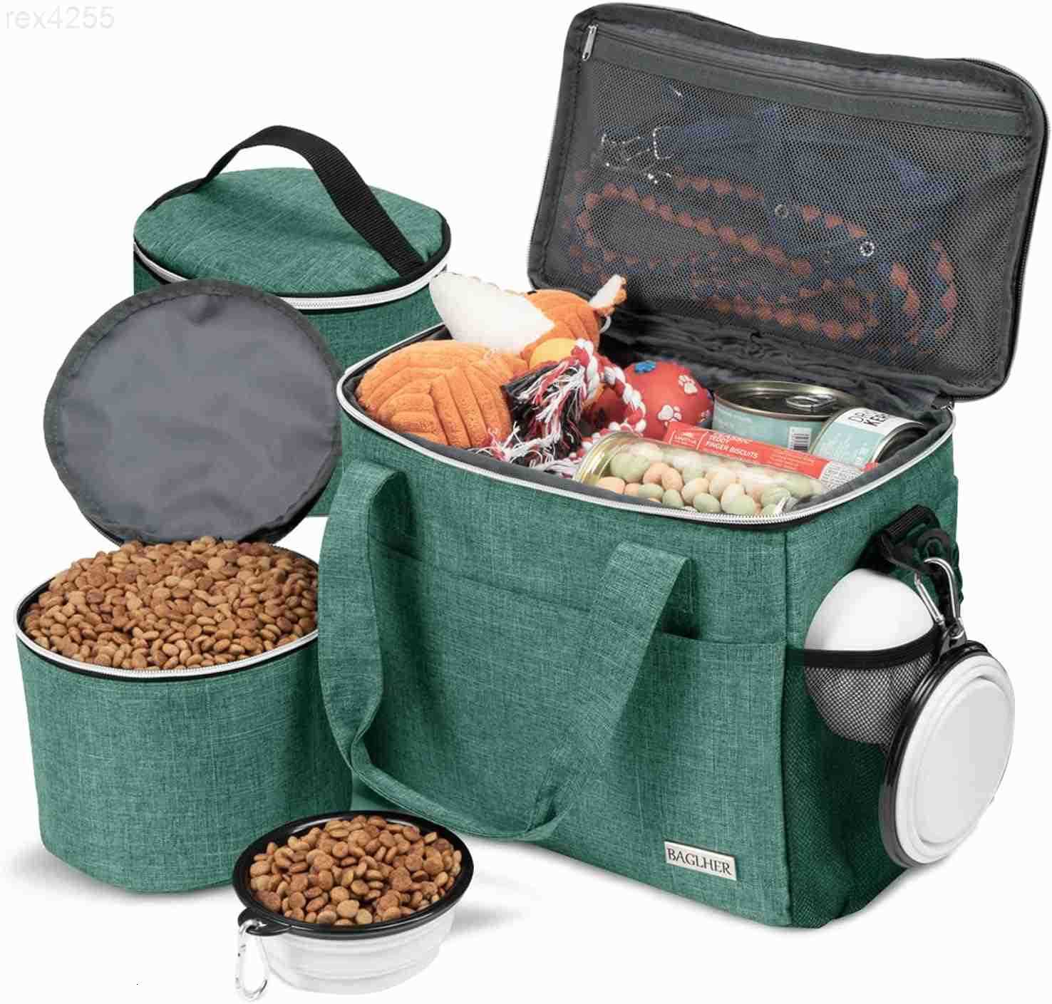 Dog Travel Bag for Supplies DoubleLayer Airline Approved Weekend Pet Travel Organizer Set for Dog and Cat Tote with 2 Pet Food Containers and 2 Collap