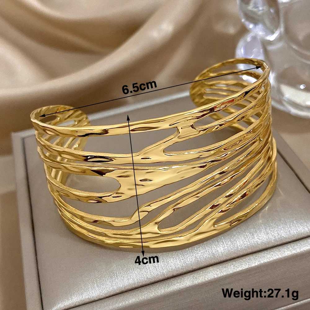 Irregular Geometric Hollow Stainl Steel Cuff Bracelet Exaggerated Gold Silver Color Wide Open Bangles Waterproof JewelryXJ250904