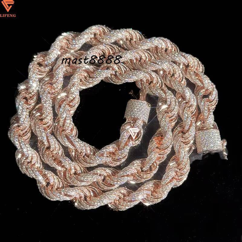 8MM 10MM 3 Color Twist Silver Rope Chain Fully Iced Out Moissanite Diamond Link Bracelet Hip Hop Jewelry Men Necklace Chain