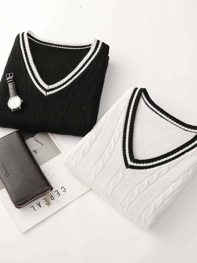 Chic Preppy Style Mens Pullover Vest Autumn Winter 100 Merino Wool Sleeveless Knitwear Thick VNeck Casual Sweater WaistcoatXJ250904