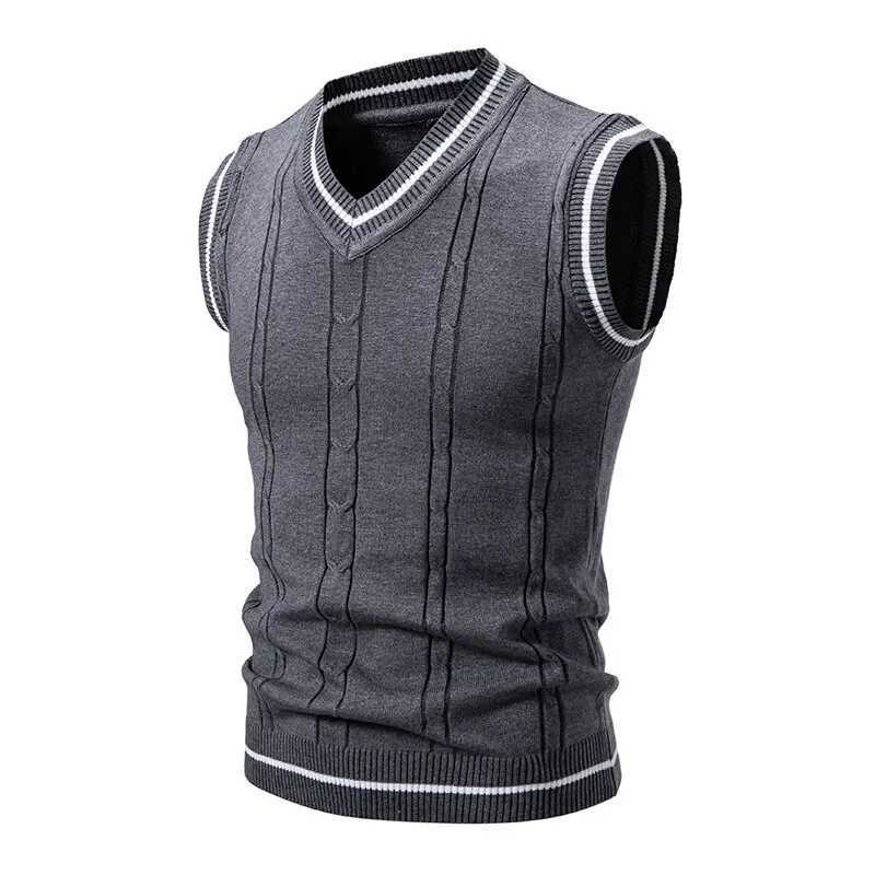 Autumn Mens V Neck Knit Vests Slim Fit Knitted Sleeveless Pullovers Fashion Pullover Smart Casual Sweater Vest Male KnitwearXJ250904