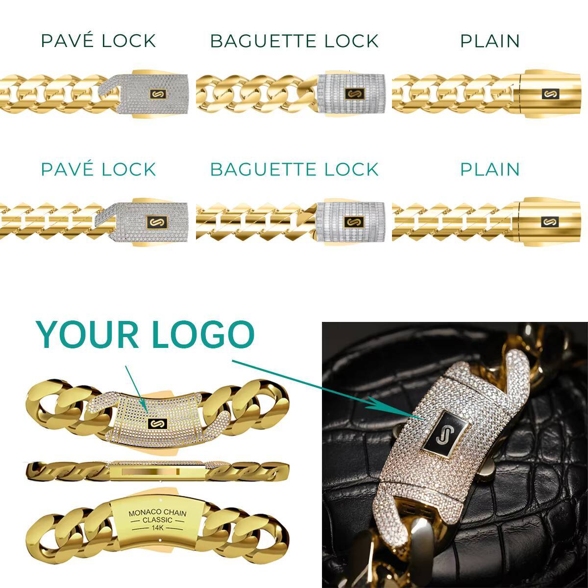 Monaco Chain Custom Jewelry 10K 14K 18K Gold Plated Mens Bracelet Classic Pav Lock Moissanite Diamond Miami Cuban Link Bracelet