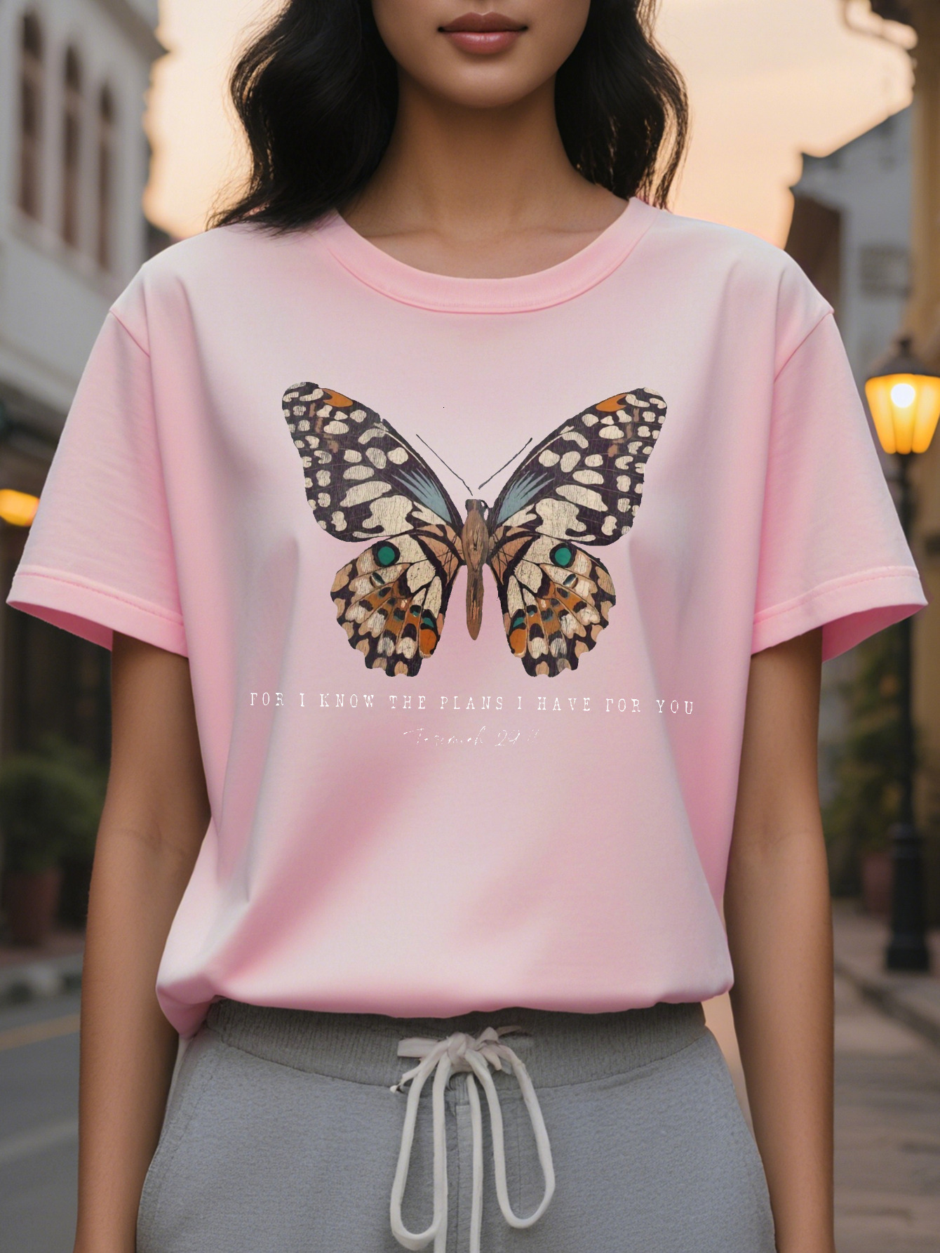 Vibrant Women's Casual Crew Neck T-Shirt Inspirational Butterfly Graphic Uplifting Scripture Verse Soft