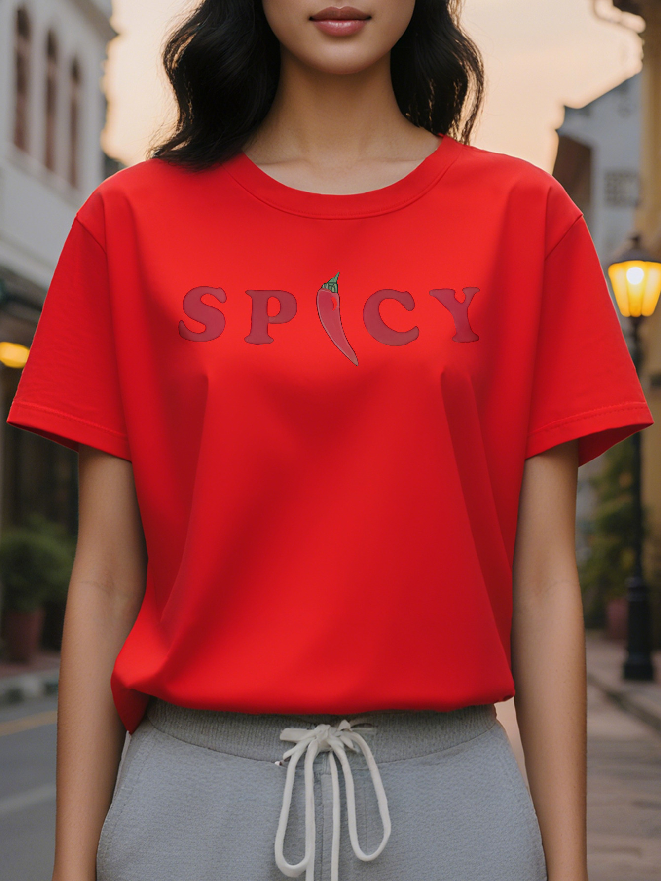 Women s White SPICY Pattern T-Shirt Short Sleeve Round Neck with Red Pepper Design Casual Summer Big Font Top