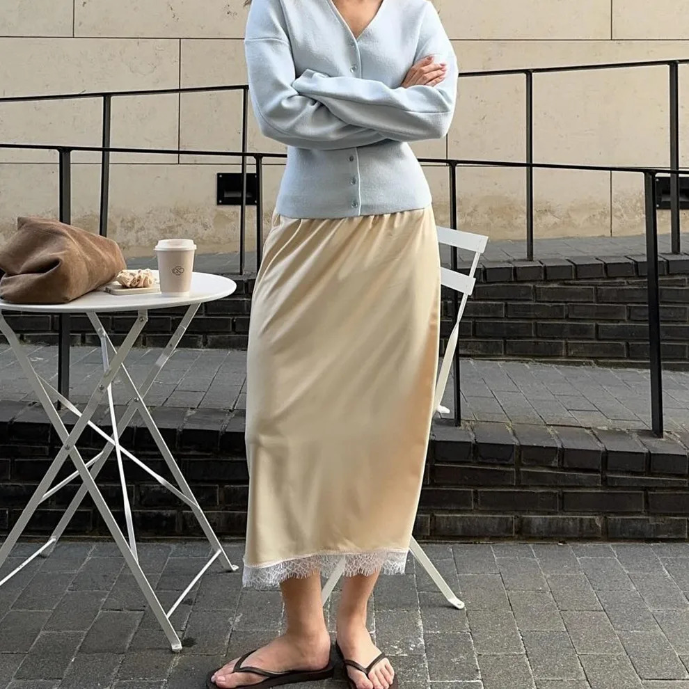 hirigin Women Half Slip Long Skirts Lace Trim Satin Midi Skirt A Line Flowy Silky Maxi Skirt for Under Dress Y2K Streetwear 250903