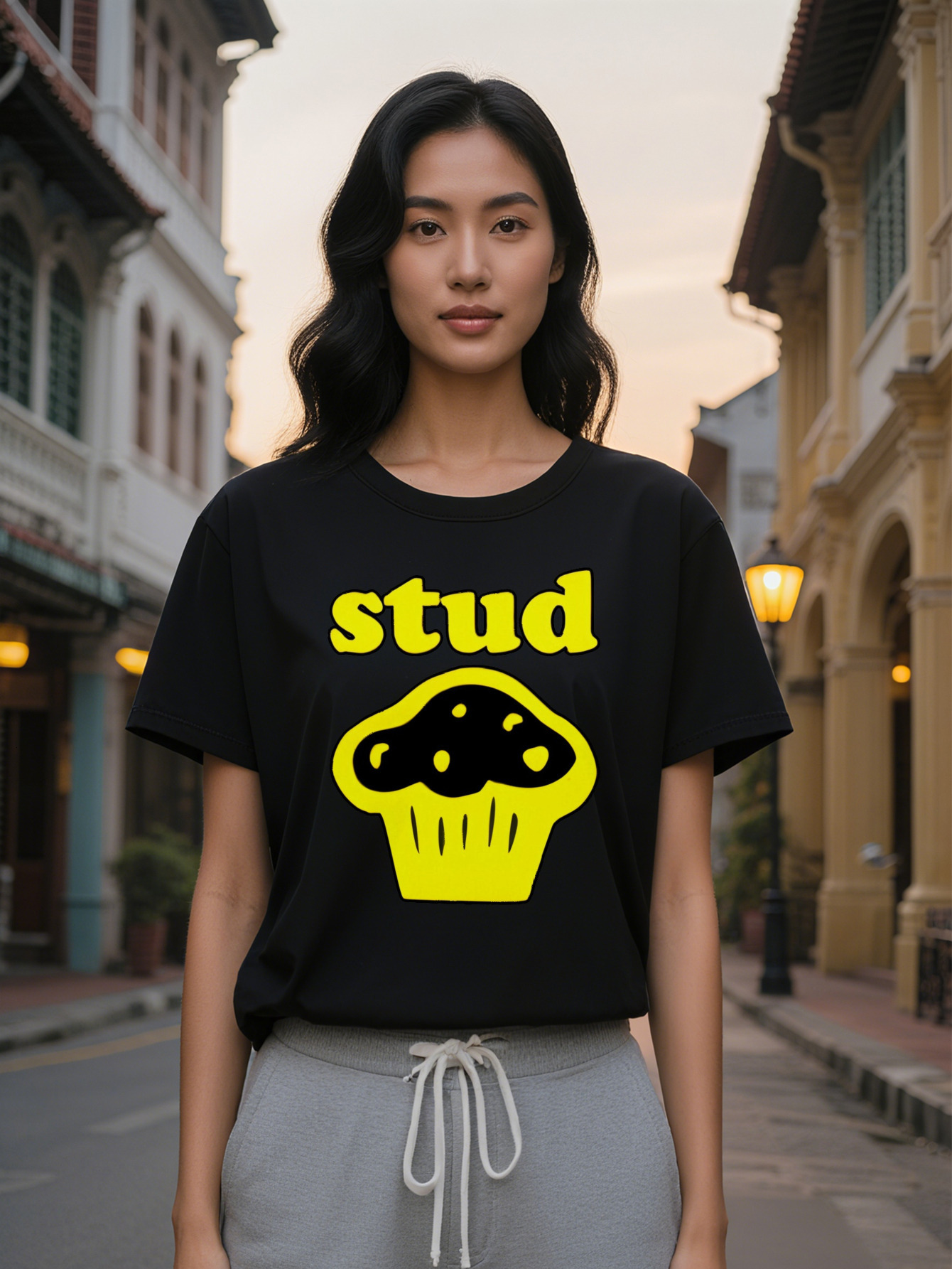 Large XL Lady Graphic T-Shirt Black with Bold Yellow Stud Cupcake Print Round Neck Summer Tee Washable Regular Fit Top Plus Size