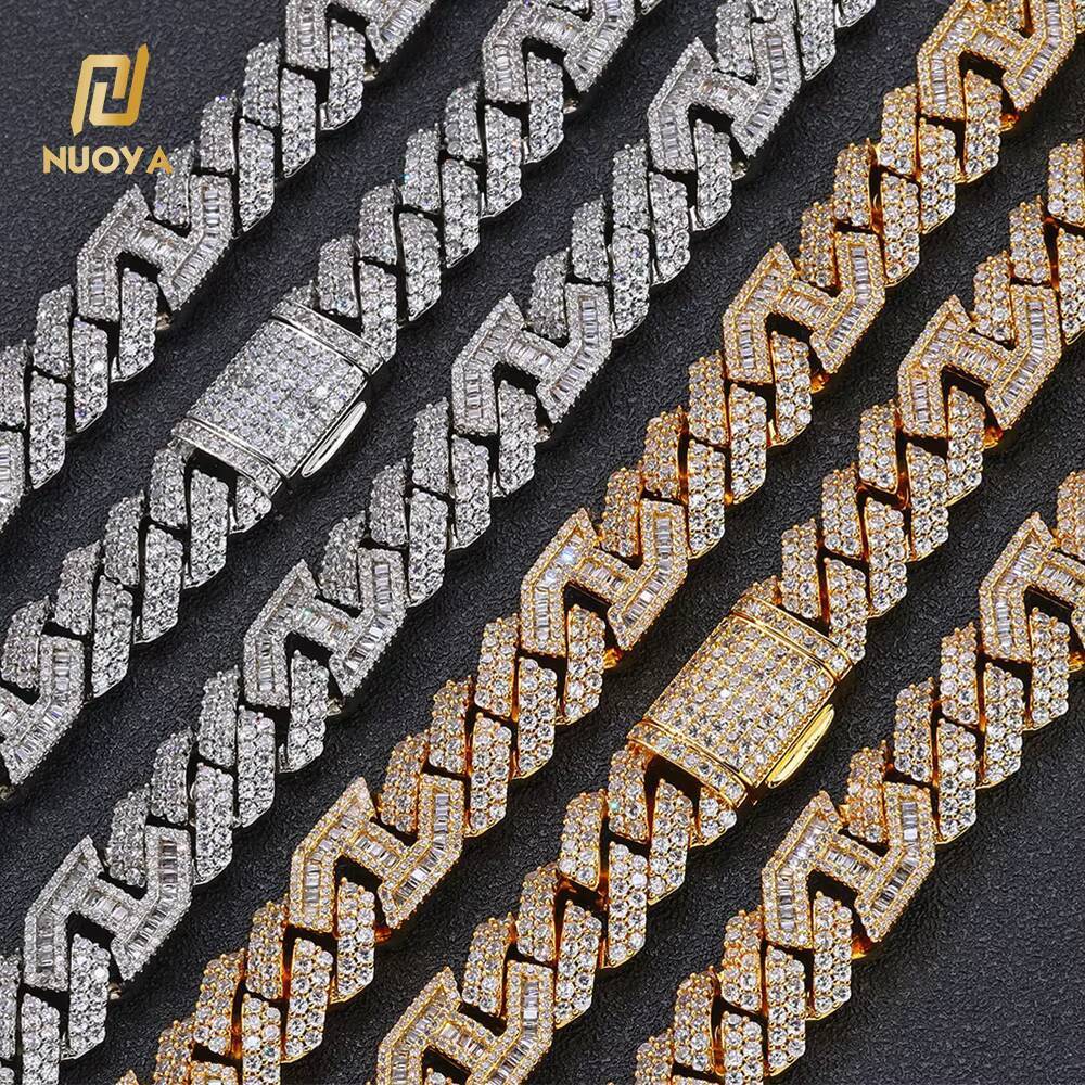 NUOYA Hip Hop Jewelry Silver Plated Cuban Bracelet Full Diamond Micro Pave Bling Moissanite Prong Cuban Link Chain Bracelet