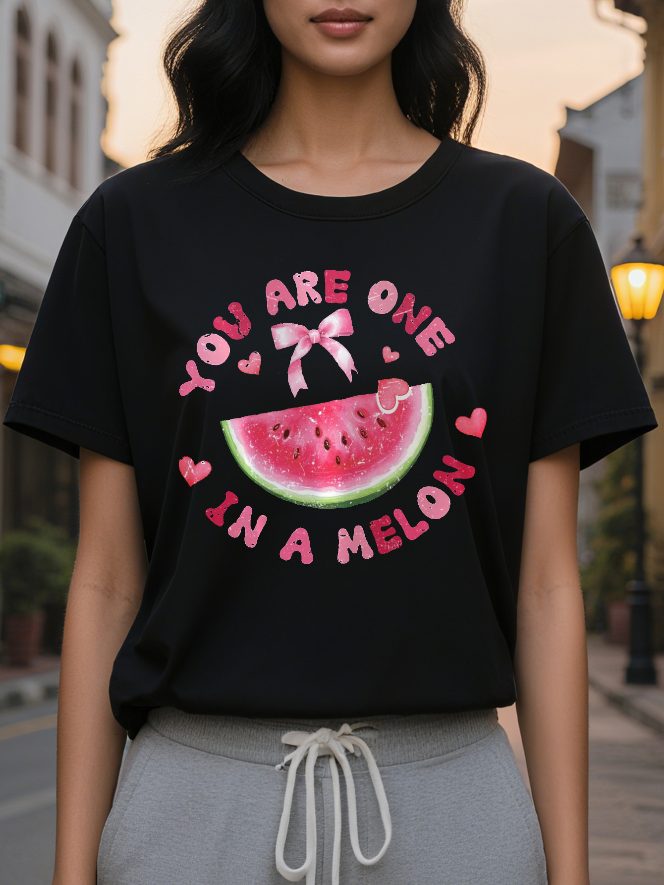 Ladies, you are unique pattern T-shirt with a funny watermelon love design, soft elastic round neck casual