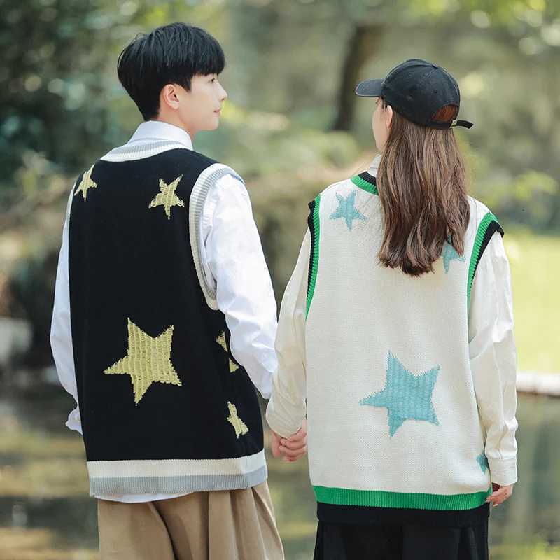 Korean Streetwear Mens Loose Sweater Vest Fashion Star Embroidery Autumn Winter Sweater Vest Men Sweater Vest for Daily WearXJ250904
