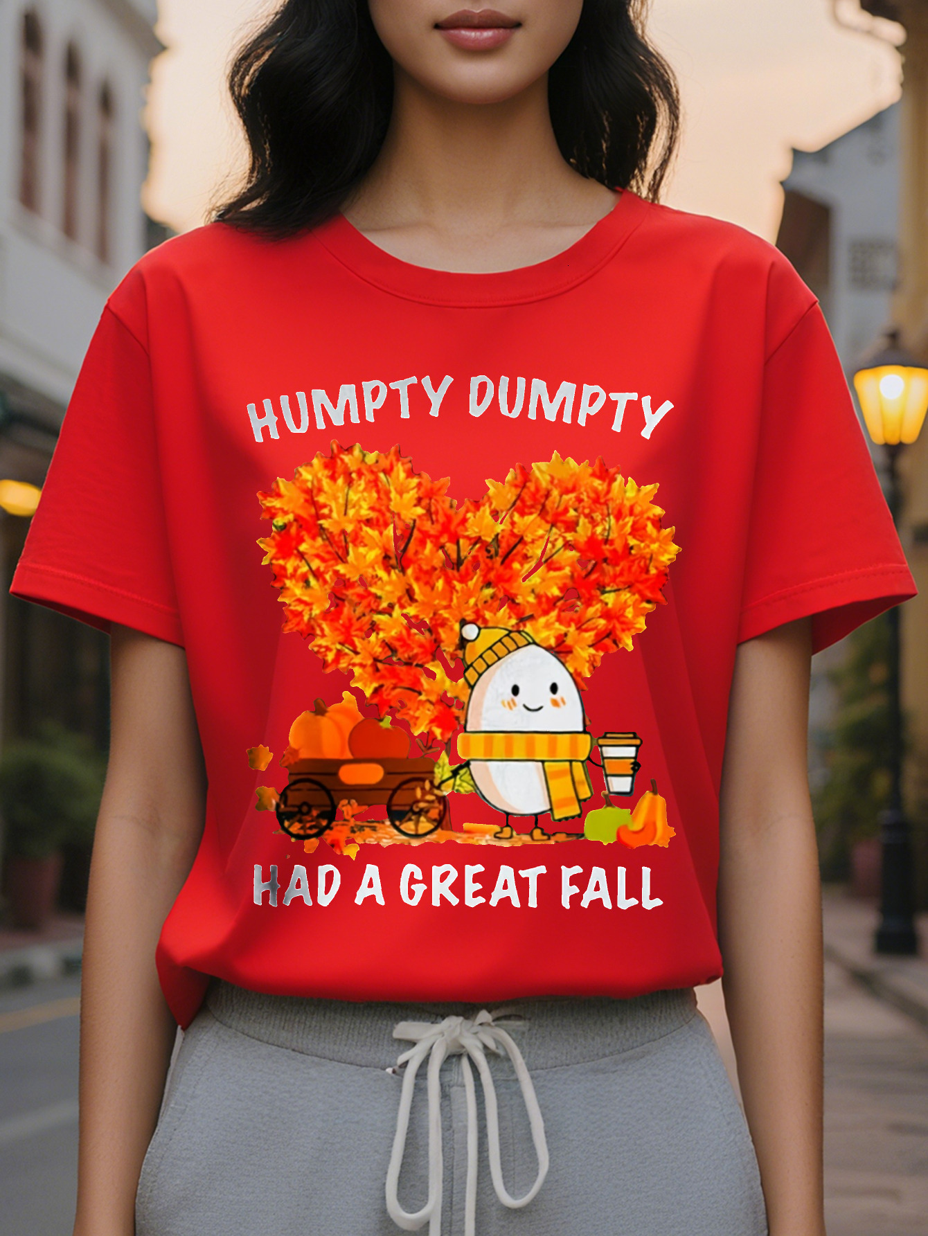 Women's Dark Green Graphic T-Shirt Funny Autumn Saying Tee with Egg Cup Design Casual Everyday Shirt for Halloween