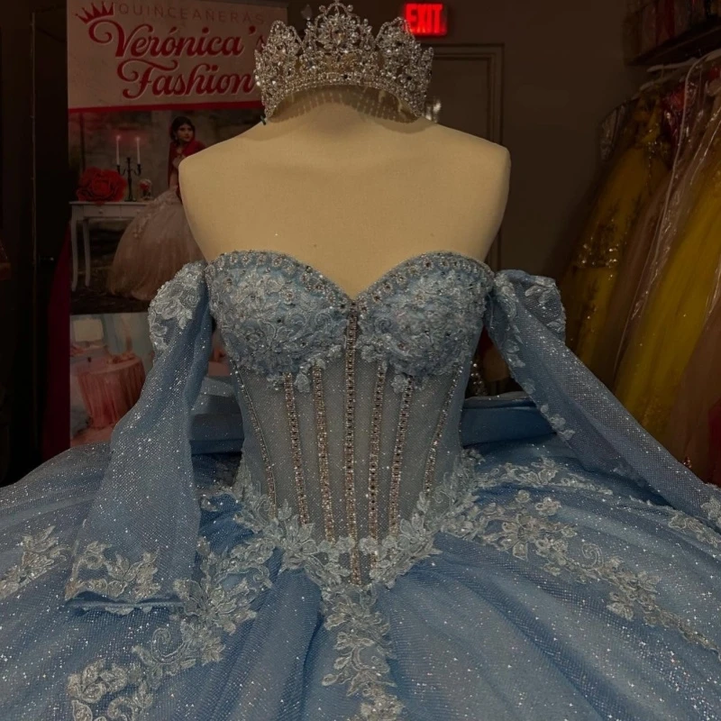 Sky Blue Shiny Quinceanera Dresses Ball Gown Off The Shoulder Applique Beads Bow Tull Sweet 16 Dress Vestidos 15 De Anos