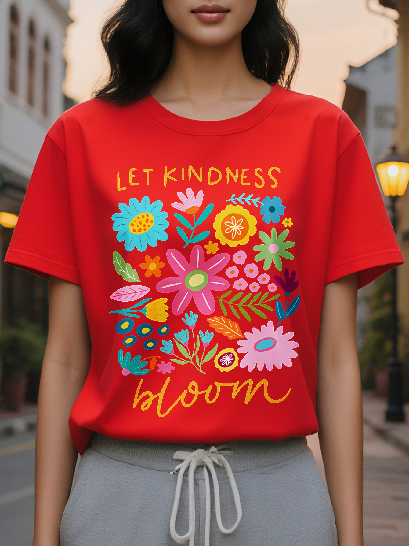 Large XL Women S Casual Floral Print T-Shirt Let Kindness Bloom Design with Vibrant Flowers Short Sleeve Crew Neck Perfect Plus Size