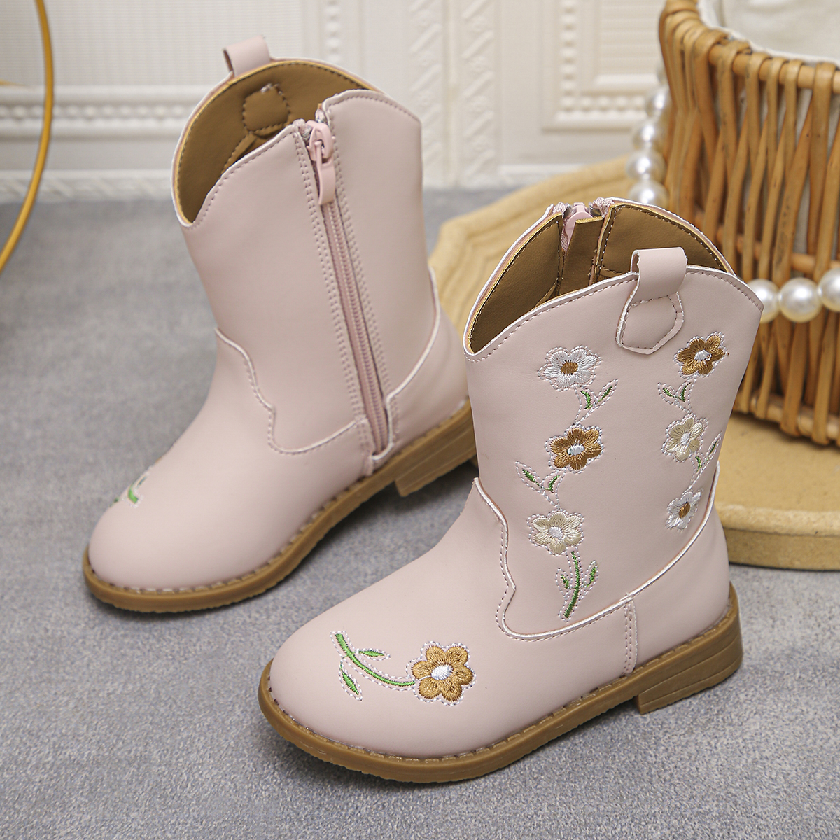 Floral Western Boots - New Style Round-Topped Thick-Heeled Unique Long Boot