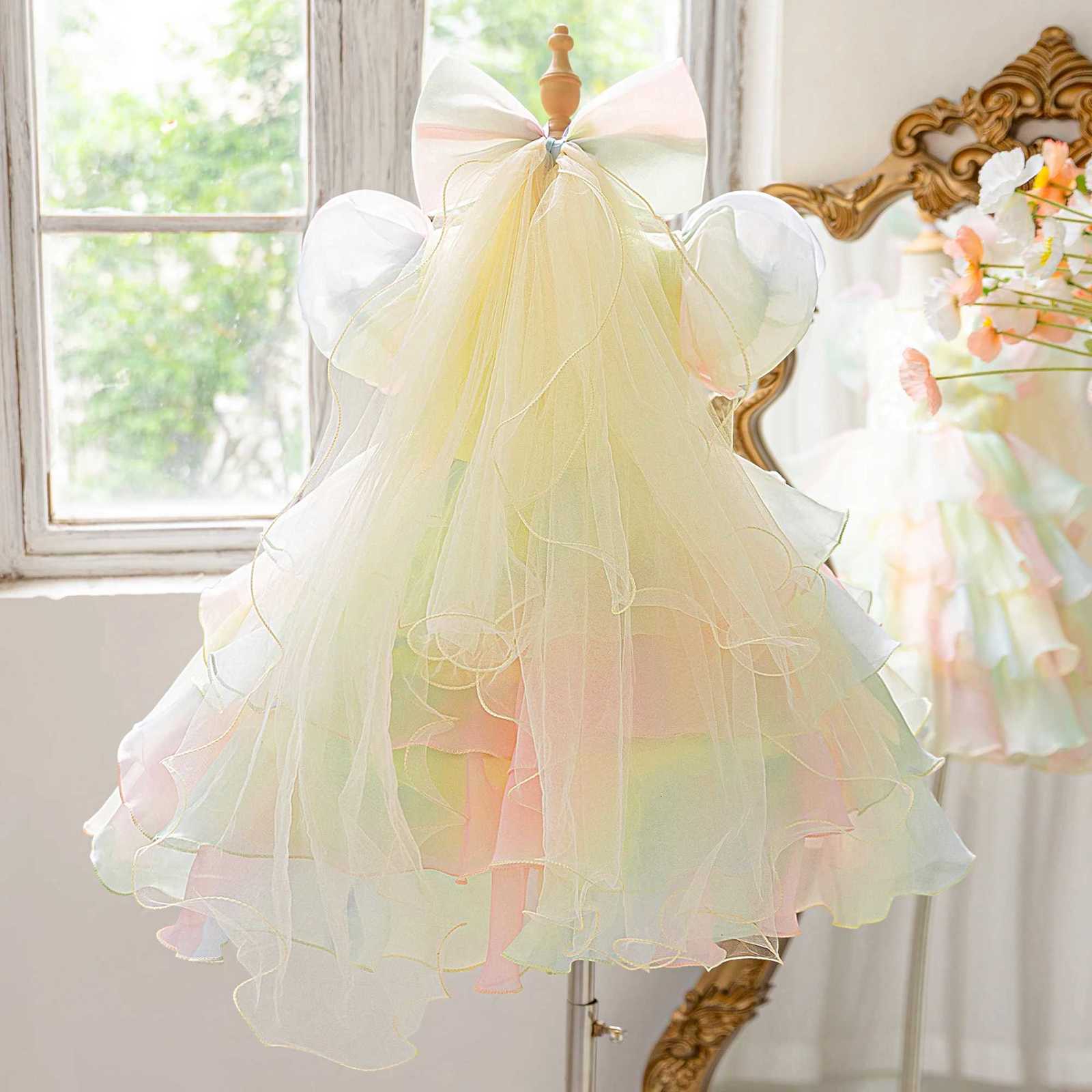 2pcs Rainbow Lace Princess Party Girls Dress Elegant Multi Layered Wedding Birthday Evening Dresses Girl Graduation Prom Costume Z250904