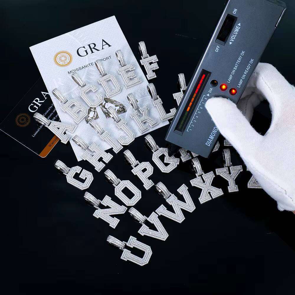 Sterling Sier Initial A-Z Letter Charm Hip Hop VvsMossanite Moissanite Chain Pendant