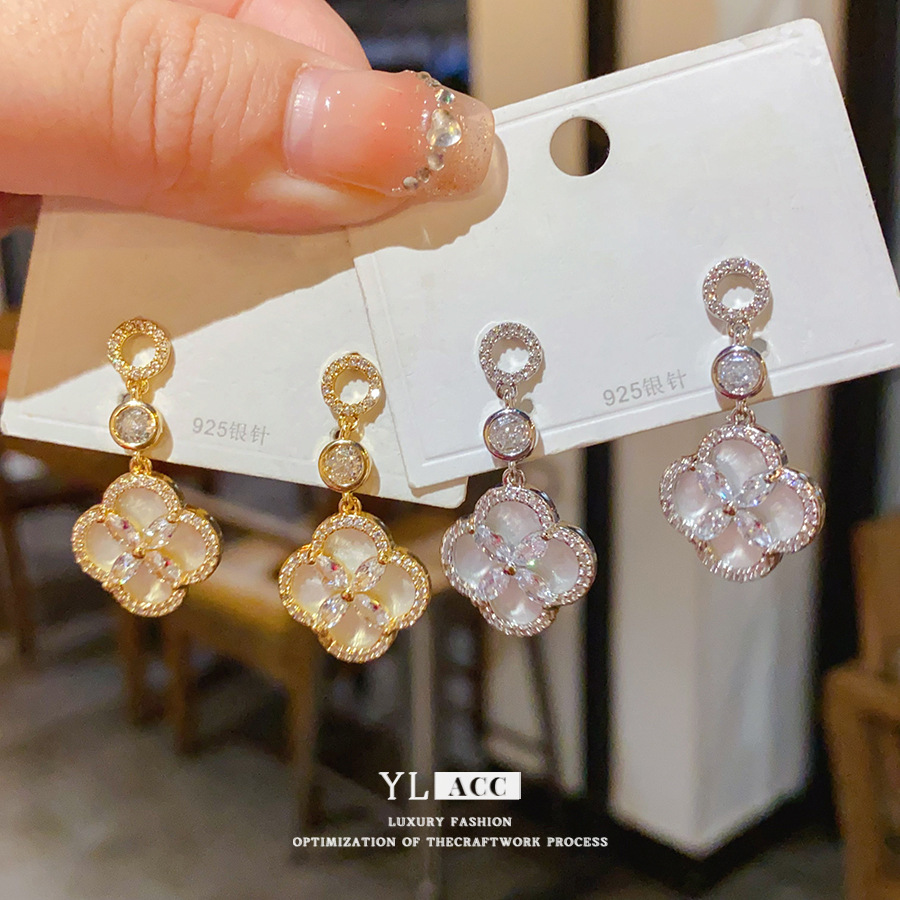 Gold Tone Four-Leaf Clover Drop Earrings With Cat Eye Stone & Crystal Detail Luxury Elegant Style Daily & Special Occasion Wear Gift For Her Fine Jewe