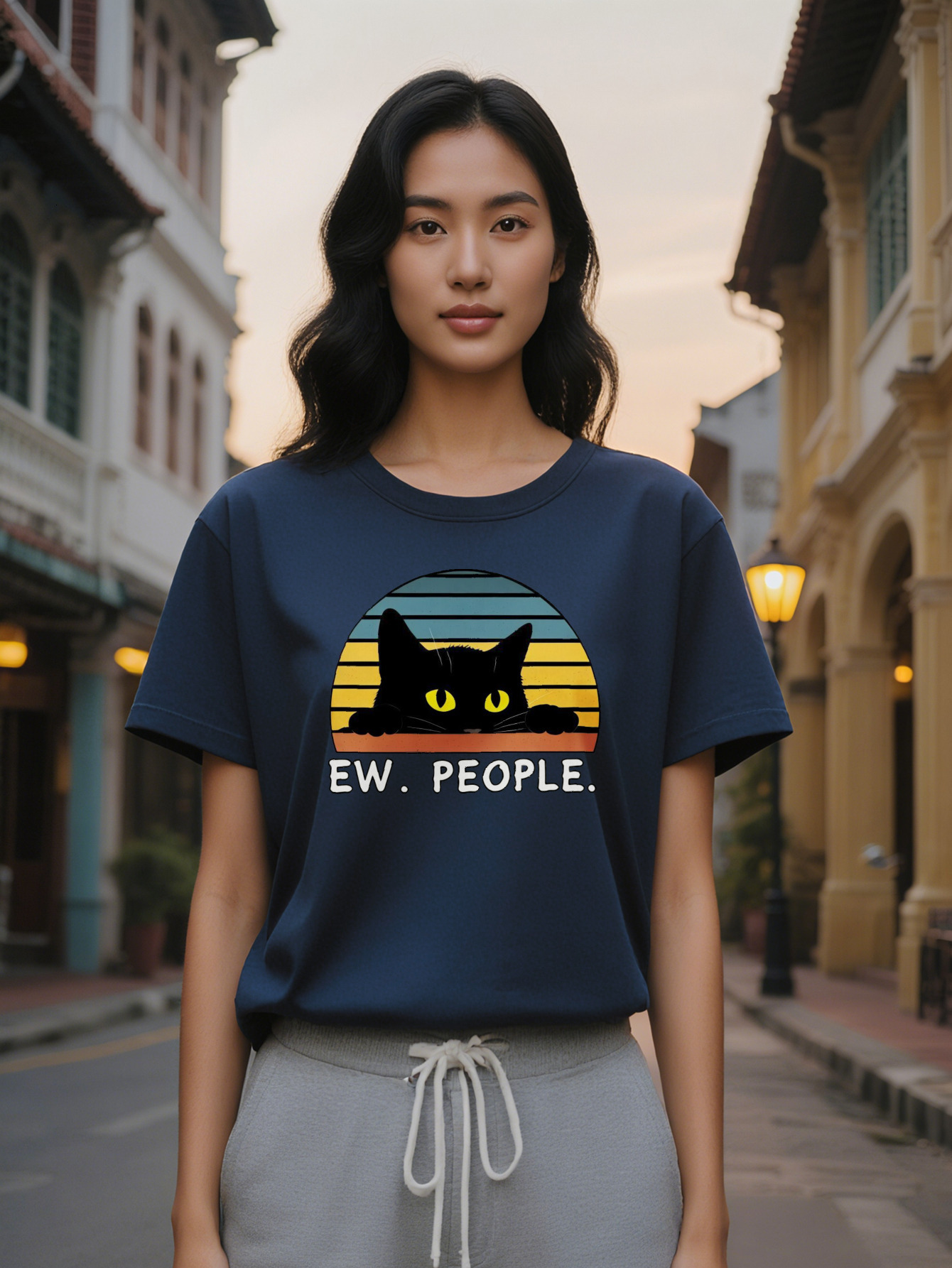 Large XL Women's Casual Crew Neck T-Shirt Black Slight Stretch Vintage Anime Cat Graphic Print Summer Short Sleeve Tee with Plus Size