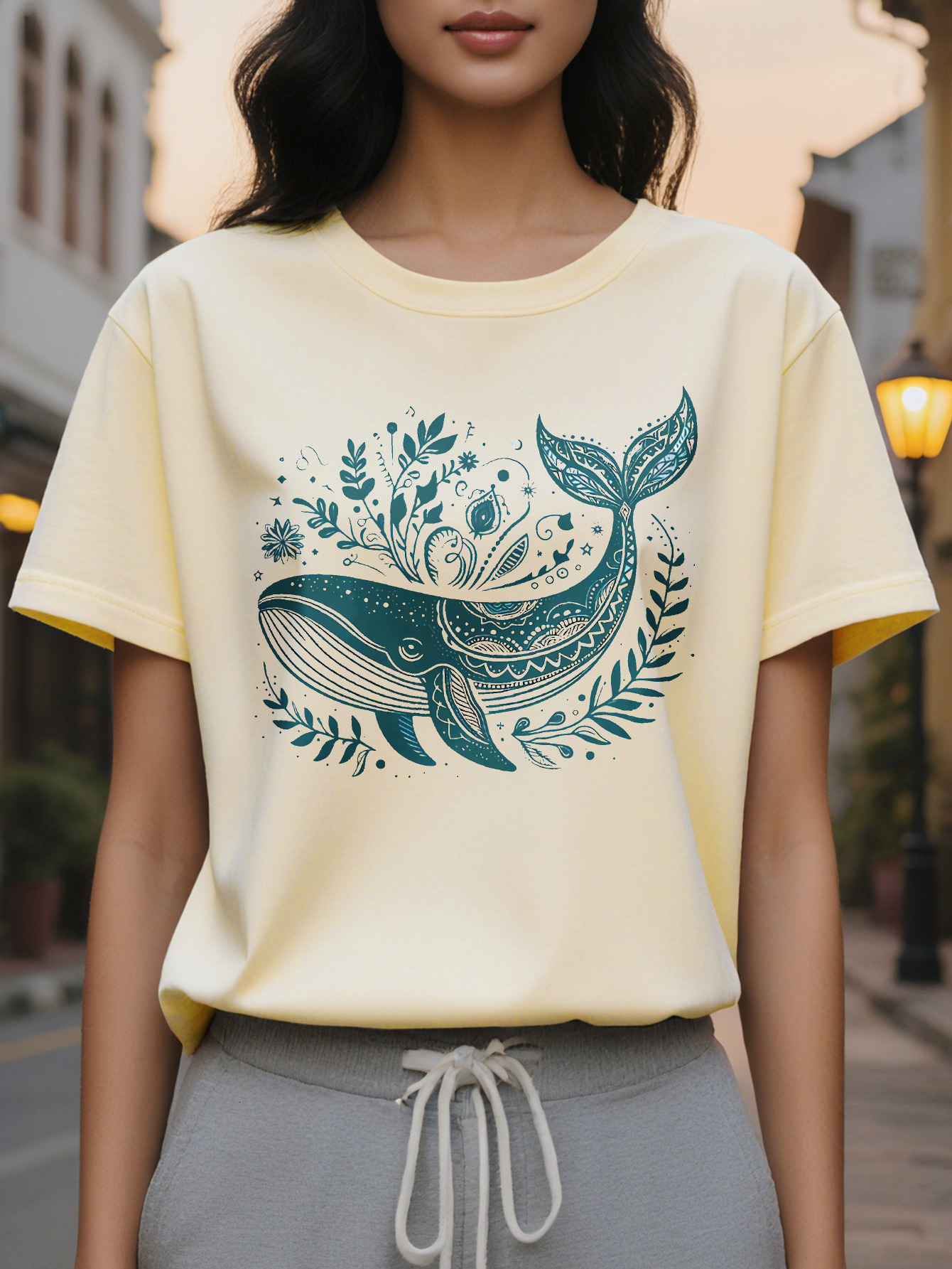Large XL Breathable Semi Sheer Women's Whale Floral Print T-Shirt Medium Stretch Washable Spring Summer Tee for Beach Plus Size