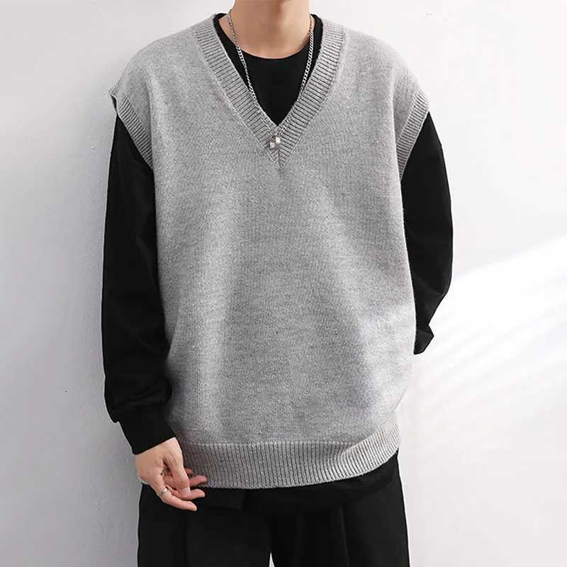 Men Knitted Sweater Vest Solid Color Autumn Winter Sleeveless Vneck Pullovers Male Casual Loose Waistcoat Korean Style KnitwearXJ250904
